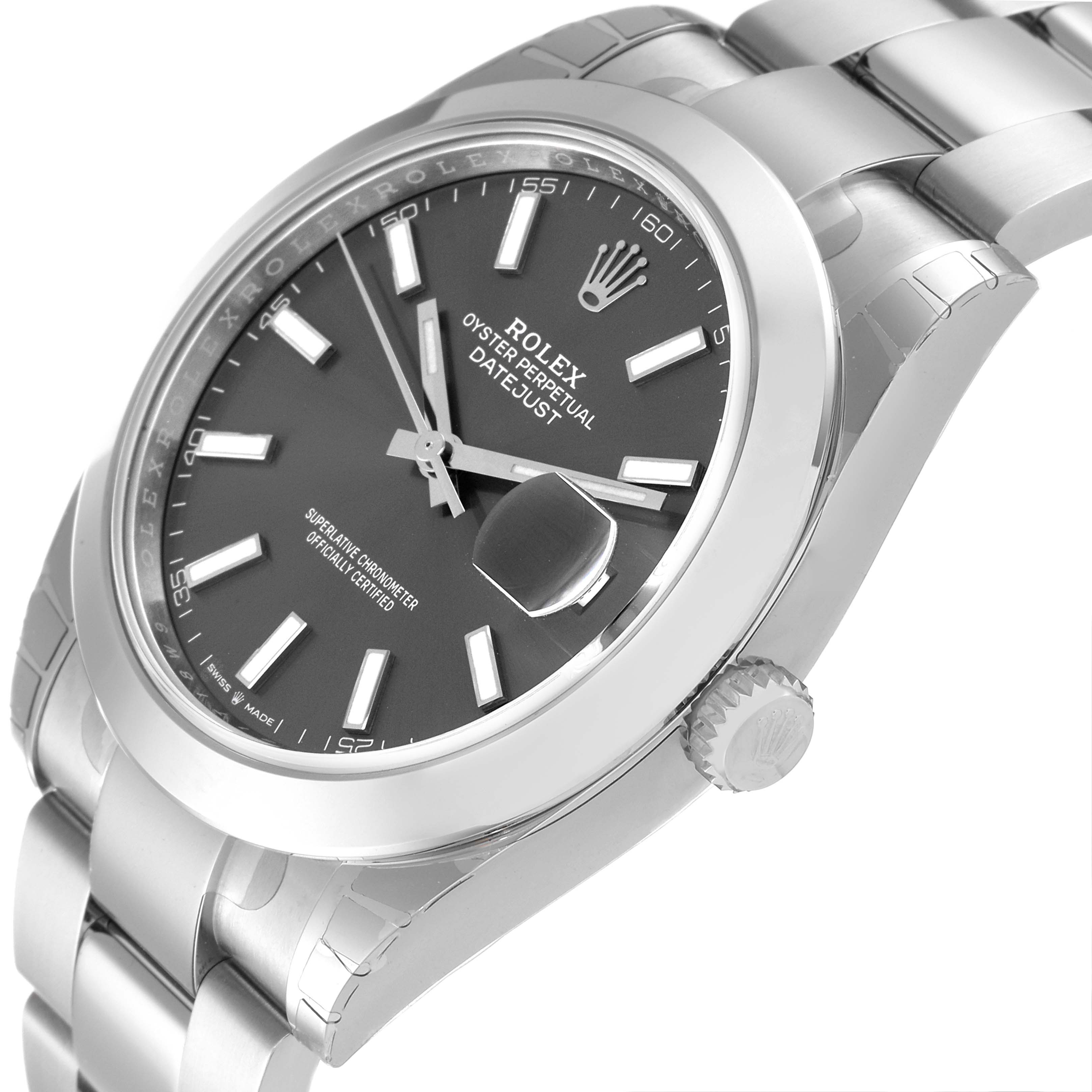 This image shows the Rolex Datejust 41 126300 Men
s Stainless Steel Grey Dial 126300 Men
s Stainless Steel Grey Dial from a side angle, highlighting the face, bezel, crown, and bracelet.
