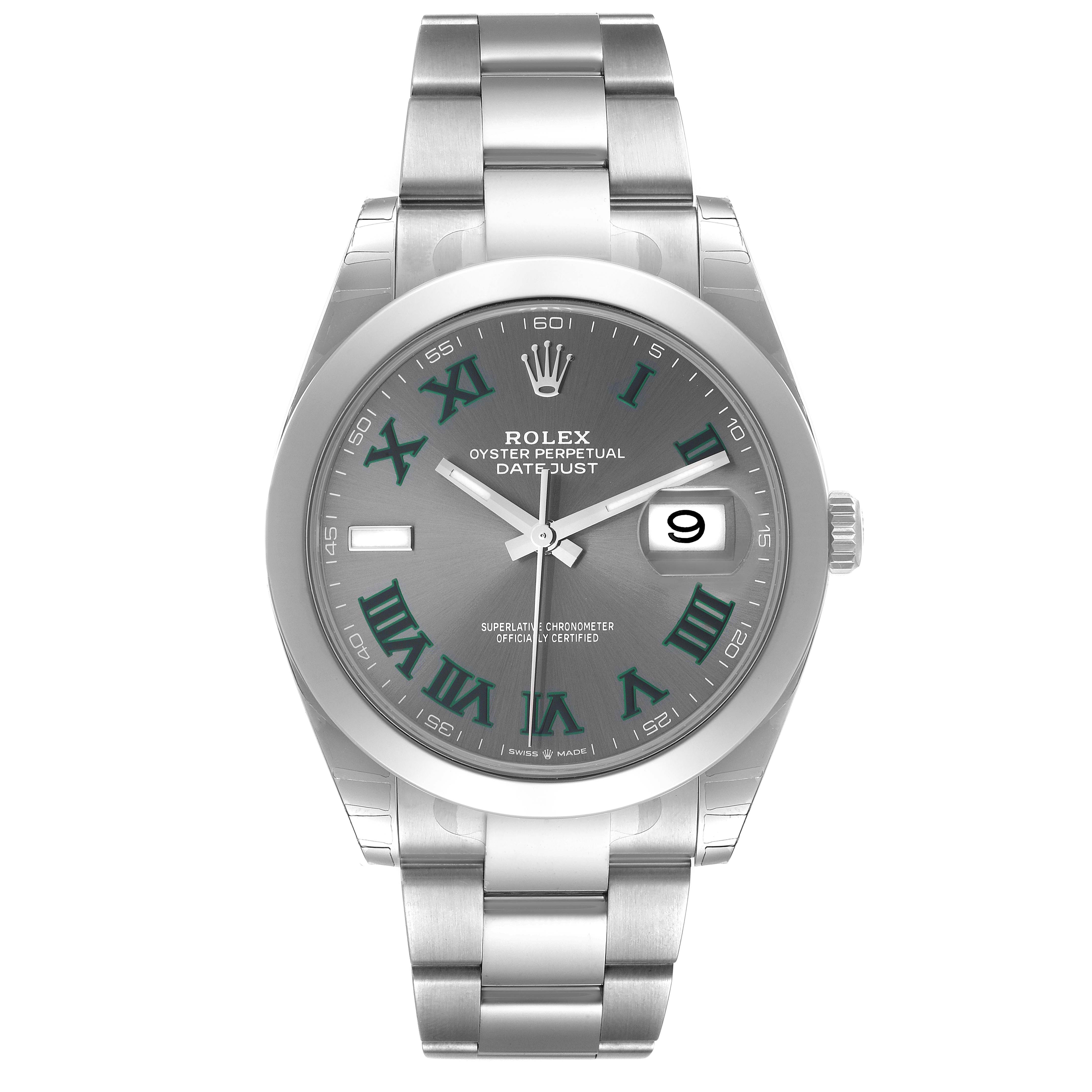 The Rolex Datejust 41 126300 Men's Stainless Steel Grey Dial 126300 Men's Stainless Steel Grey Dial watch is shown from a front angle, displaying its dial, bracelet, and date window.