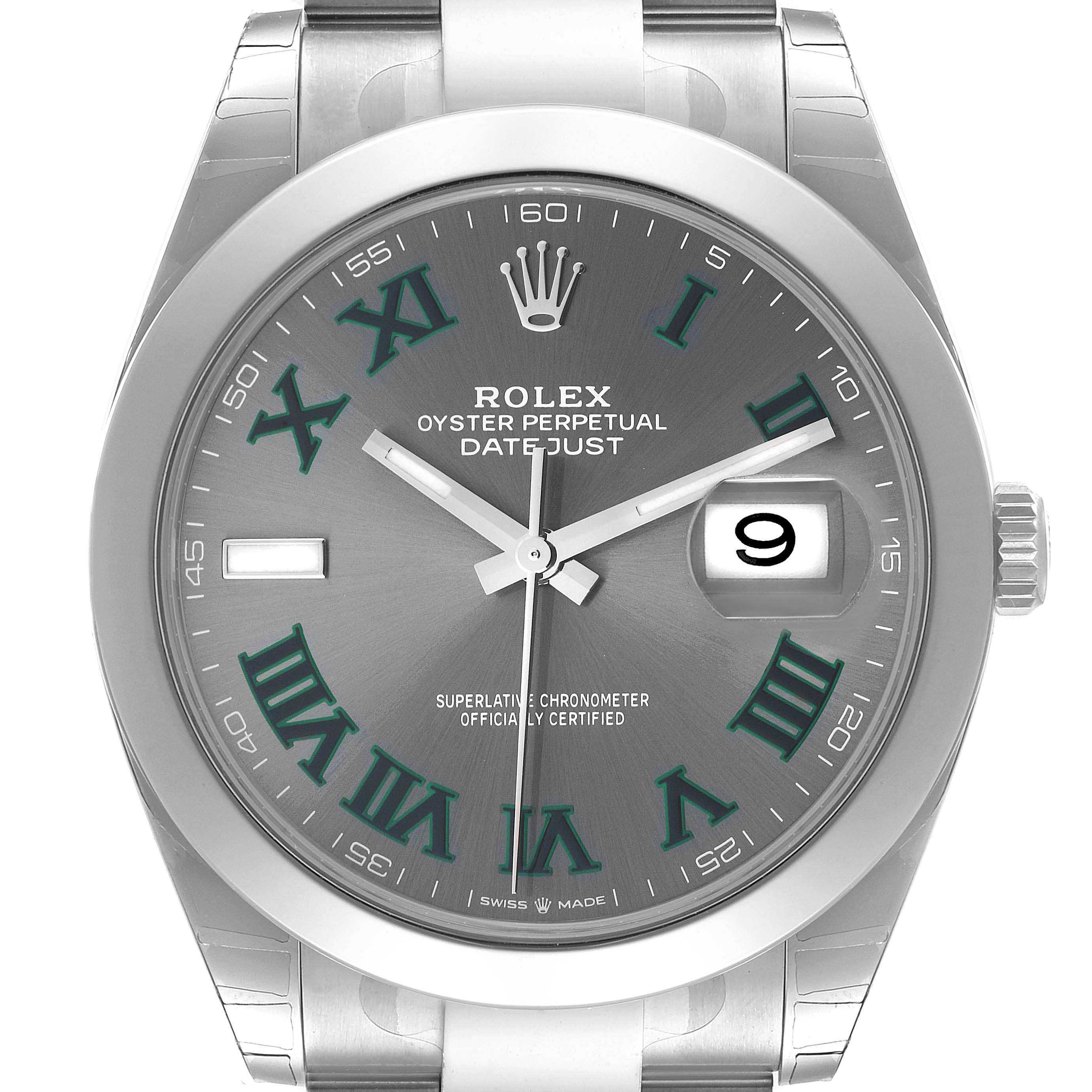 The image shows a front view of the Rolex Datejust 41 126300 Men's Stainless Steel Grey Dial 126300 Men's Stainless Steel Grey Dial watch, highlighting its dial, hands, and date window.