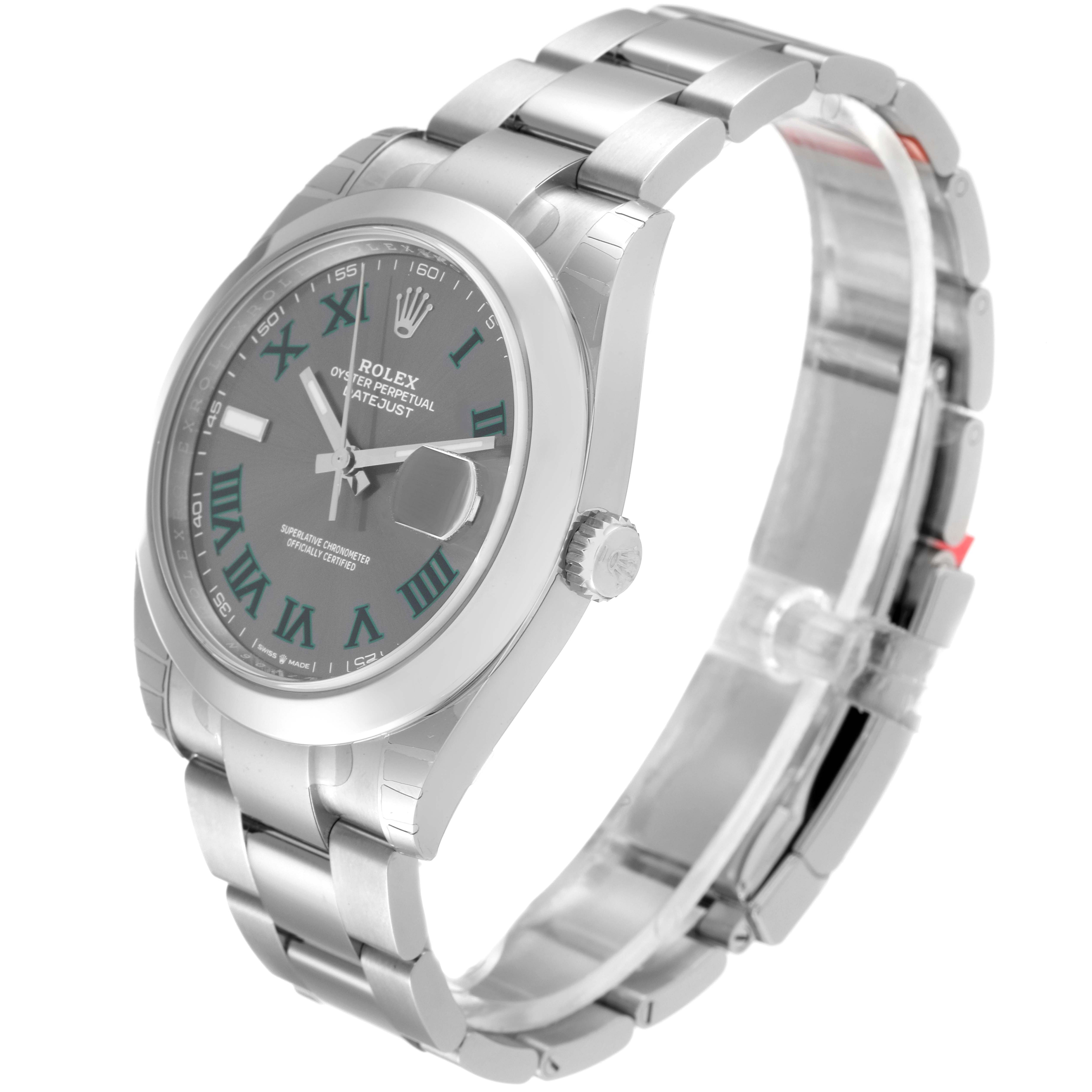 The image showcases a Rolex Datejust 41 126300 Men's Stainless Steel Grey Dial 126300 Men's Stainless Steel Grey Dial watch at a slight side angle, highlighting the dial, bezel, case, and bracelet.