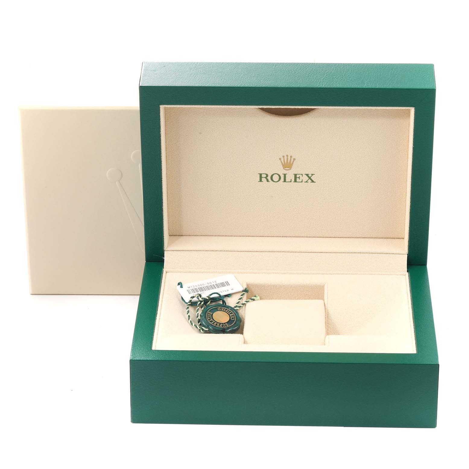The image shows an open Rolex Datejust 41 126300 Men's Stainless Steel Grey Dial 126300 Men's Stainless Steel Grey Dial watch box with tags inside, viewed from the front.