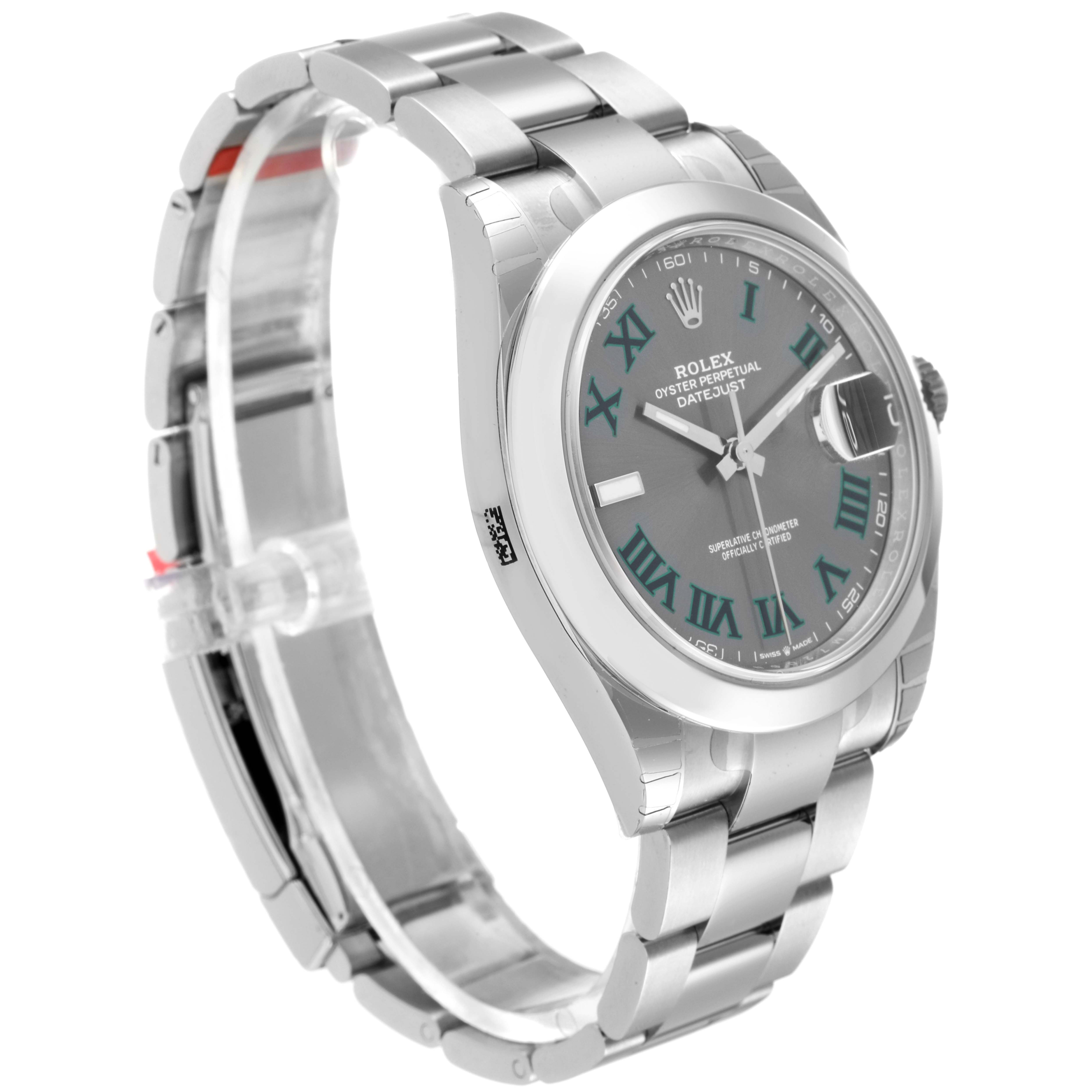The image shows a side angle of the Rolex Datejust 41 126300 Men's Stainless Steel Grey Dial 126300 Men's Stainless Steel Grey Dial watch, highlighting the face, bracelet, and clasp.