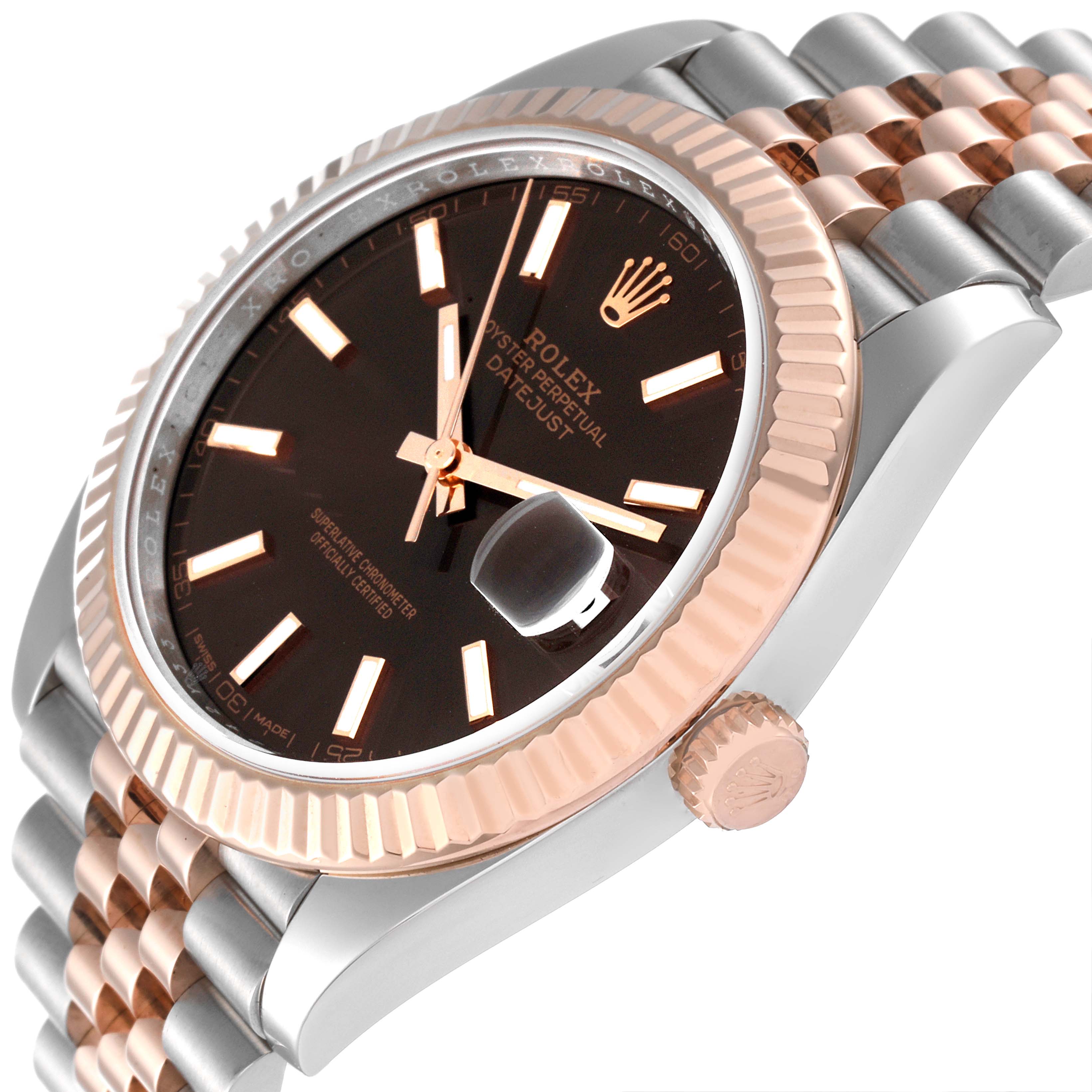 The image shows a close-up angled view of a Rolex Datejust 41 126331 Men's Steel and Gold (two tone) Brown Dial 126331 Men's Steel and Gold (two tone) Brown Dial, highlighting the face, bezel, crown, and part of the bracelet.