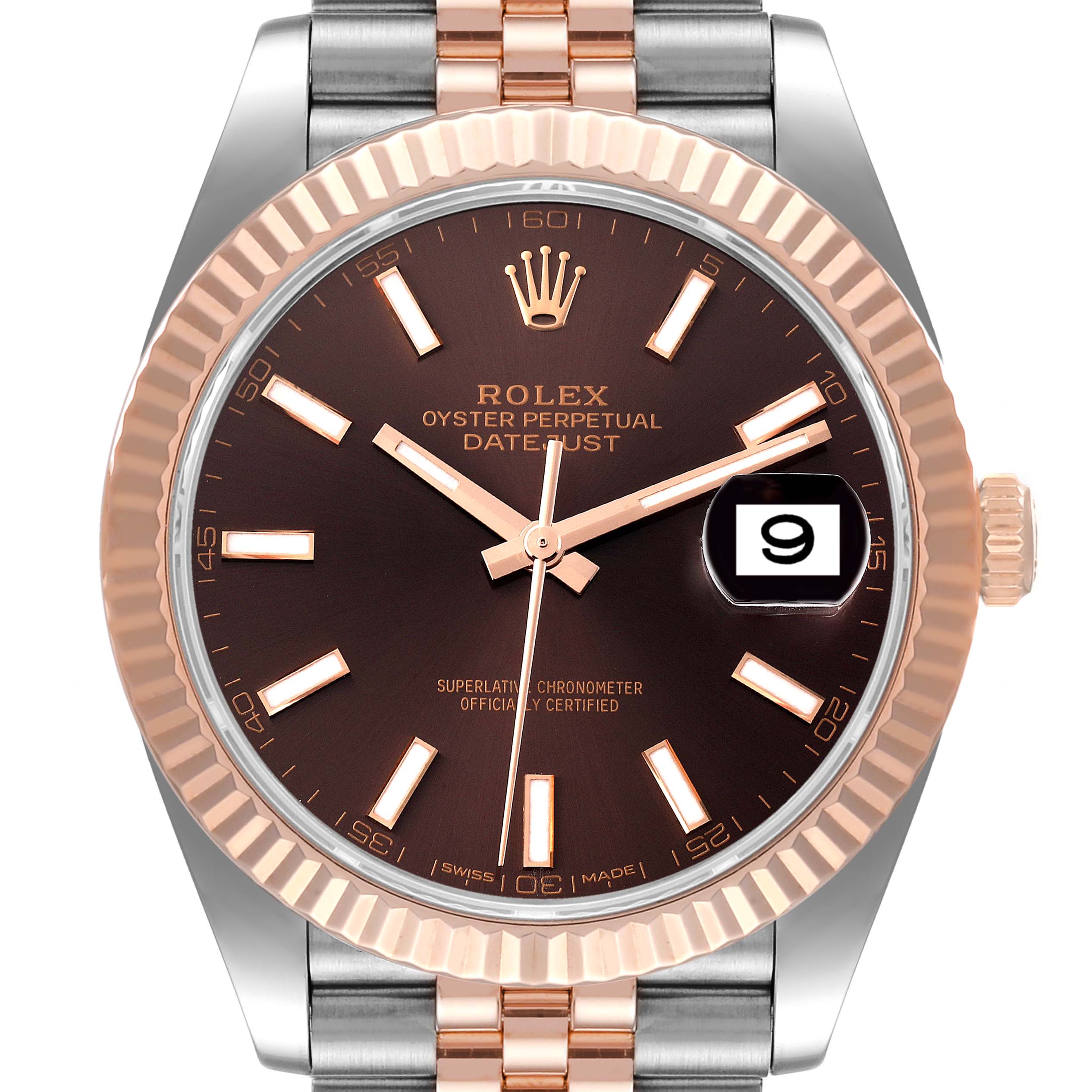The image shows a front view of the Rolex Datejust 41 126331 Men's Steel and Gold (two tone) Brown Dial 126331 Men's Steel and Gold (two tone) Brown Dial model, highlighting the face, bezel, and part of the two-tone bracelet.