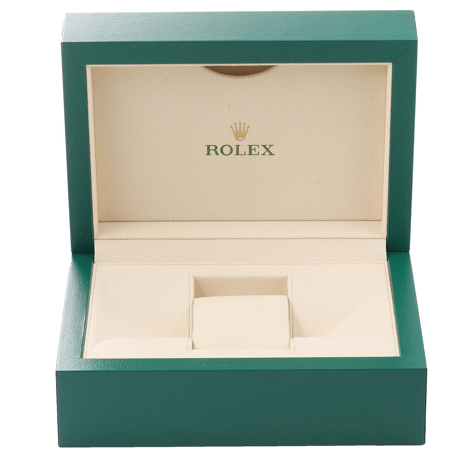 This is the empty watch box for the Rolex Datejust 41 126331 Men's Steel and Gold (two tone) Brown Dial 126331 Men's Steel and Gold (two tone) Brown Dial model, shown open from a front angle.