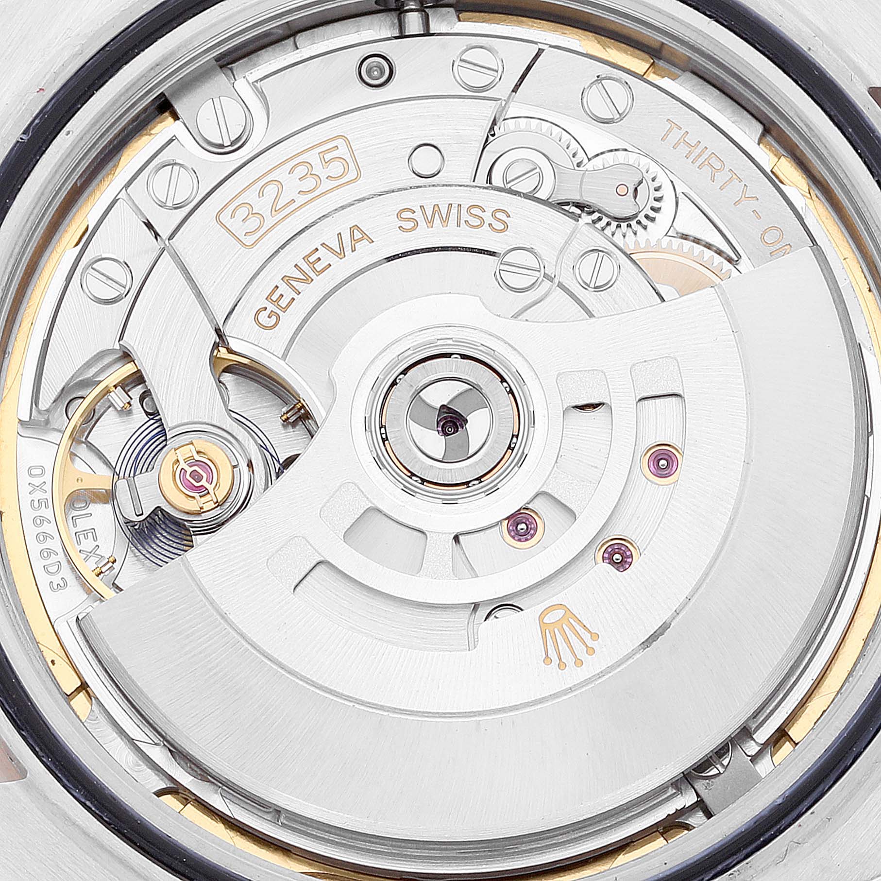 This image shows the internal mechanism and movement parts of the Rolex Datejust 41 126331 Men's Steel and Gold (two tone) Brown Dial 126331 Men's Steel and Gold (two tone) Brown Dial watch from a close-up angle.