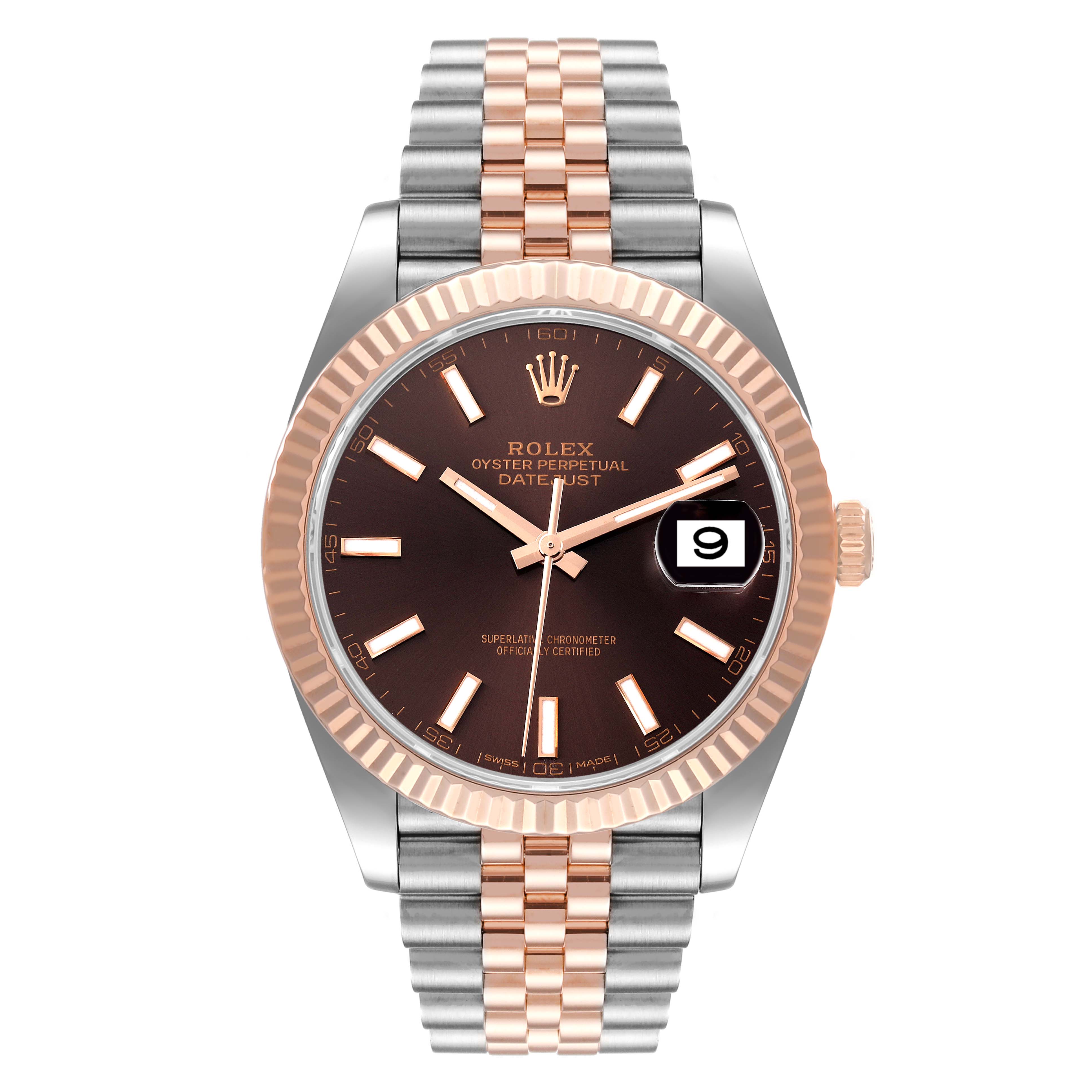 This image shows a front view of the Rolex Datejust 41 126331 Men's Steel and Gold (two tone) Brown Dial 126331 Men's Steel and Gold (two tone) Brown Dial watch, featuring a stainless steel and rose gold bracelet, fluted bezel, and black dial.