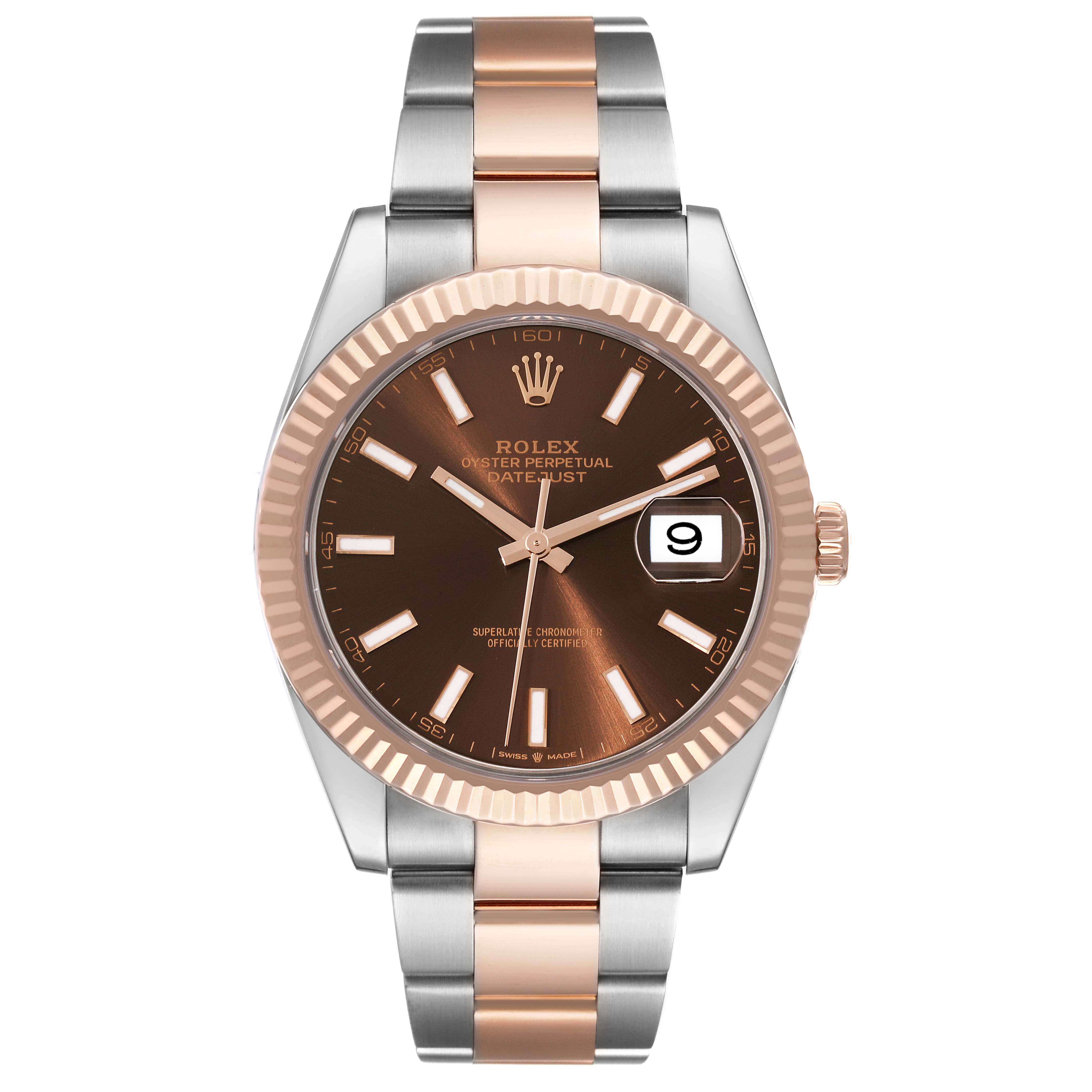 This image shows a front view of the Rolex Datejust 41 126331 Men's Steel and Gold (two tone) Brown Dial 126331 Men's Steel and Gold (two tone) Brown Dial watch, highlighting its dial, bezel, and bracelet.