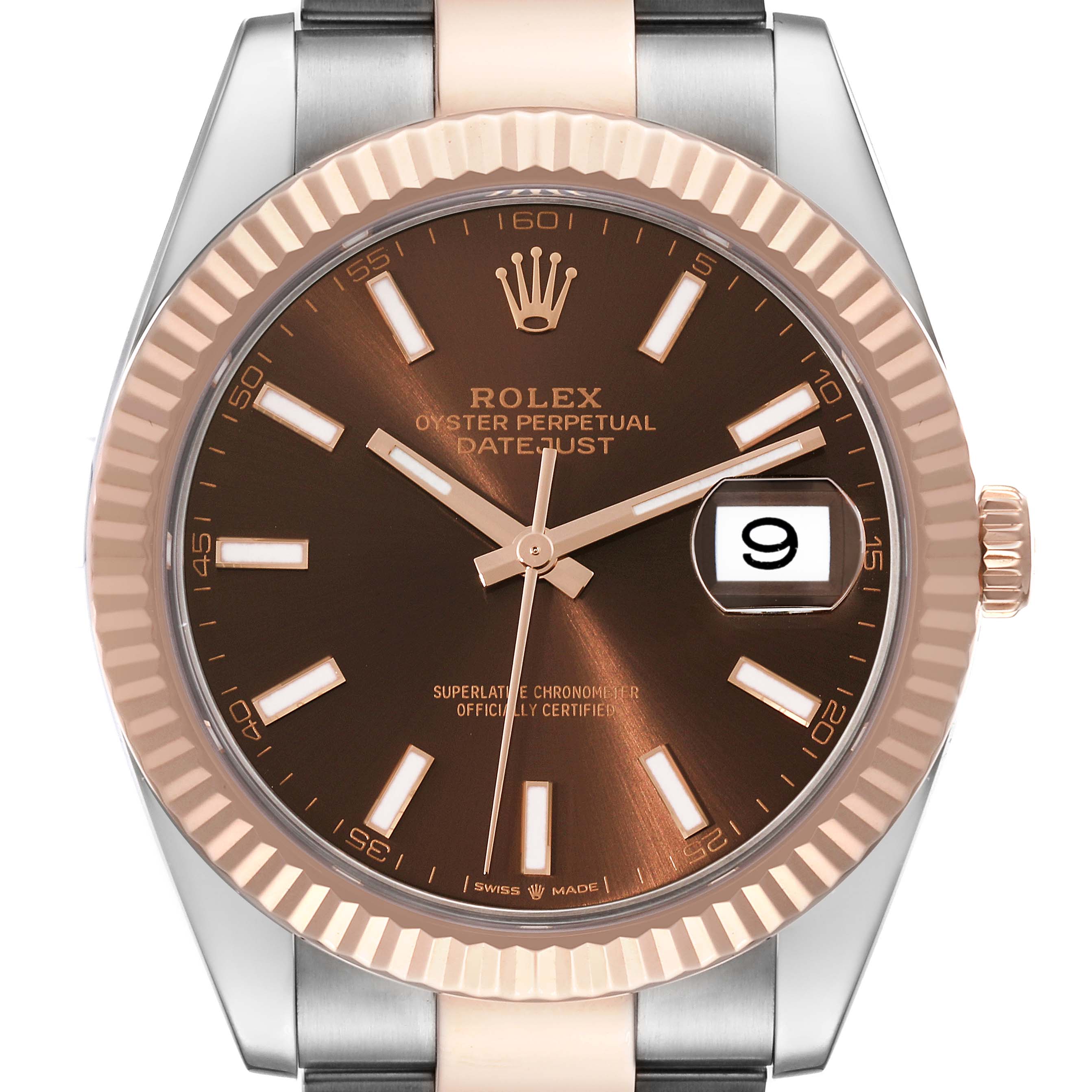 The image shows a front view of the Rolex Datejust 41 126331 Men's Steel and Gold (two tone) Brown Dial 126331 Men's Steel and Gold (two tone) Brown Dial watch, highlighting its brown dial, date display, and two-tone metal bracelet.