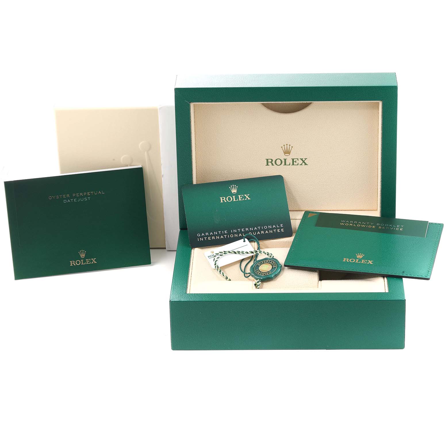 The image shows the packaging and accessories of a Rolex Datejust 41 126331 Men's Steel and Gold (two tone) Brown Dial 126331 Men's Steel and Gold (two tone) Brown Dial, including booklets and warranty cards inside a green box.