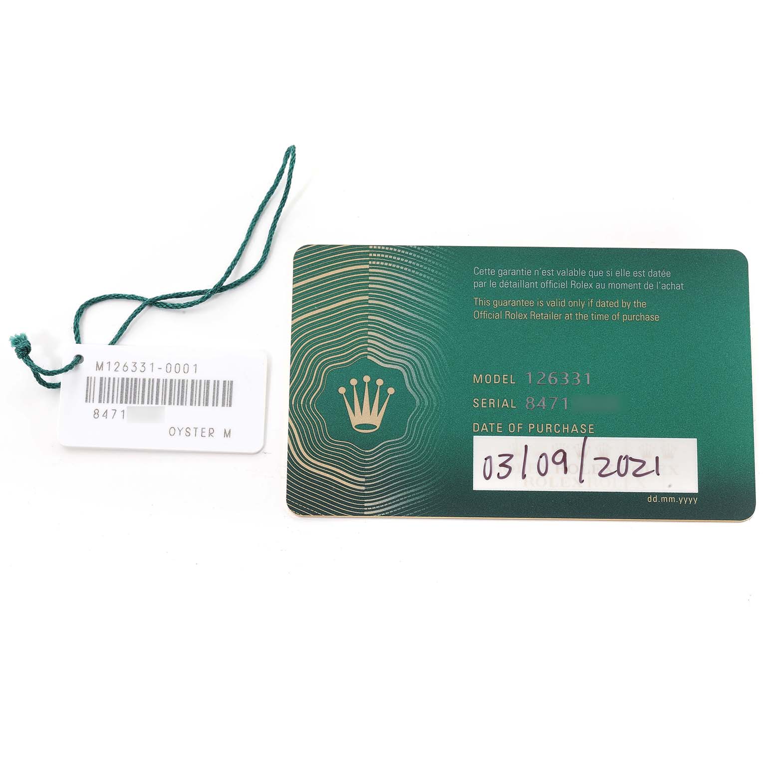 The image shows the warranty and model information card along with a tag for a Rolex Datejust 41 126331 Men's Steel and Gold (two tone) Brown Dial 126331 Men's Steel and Gold (two tone) Brown Dial watch model.