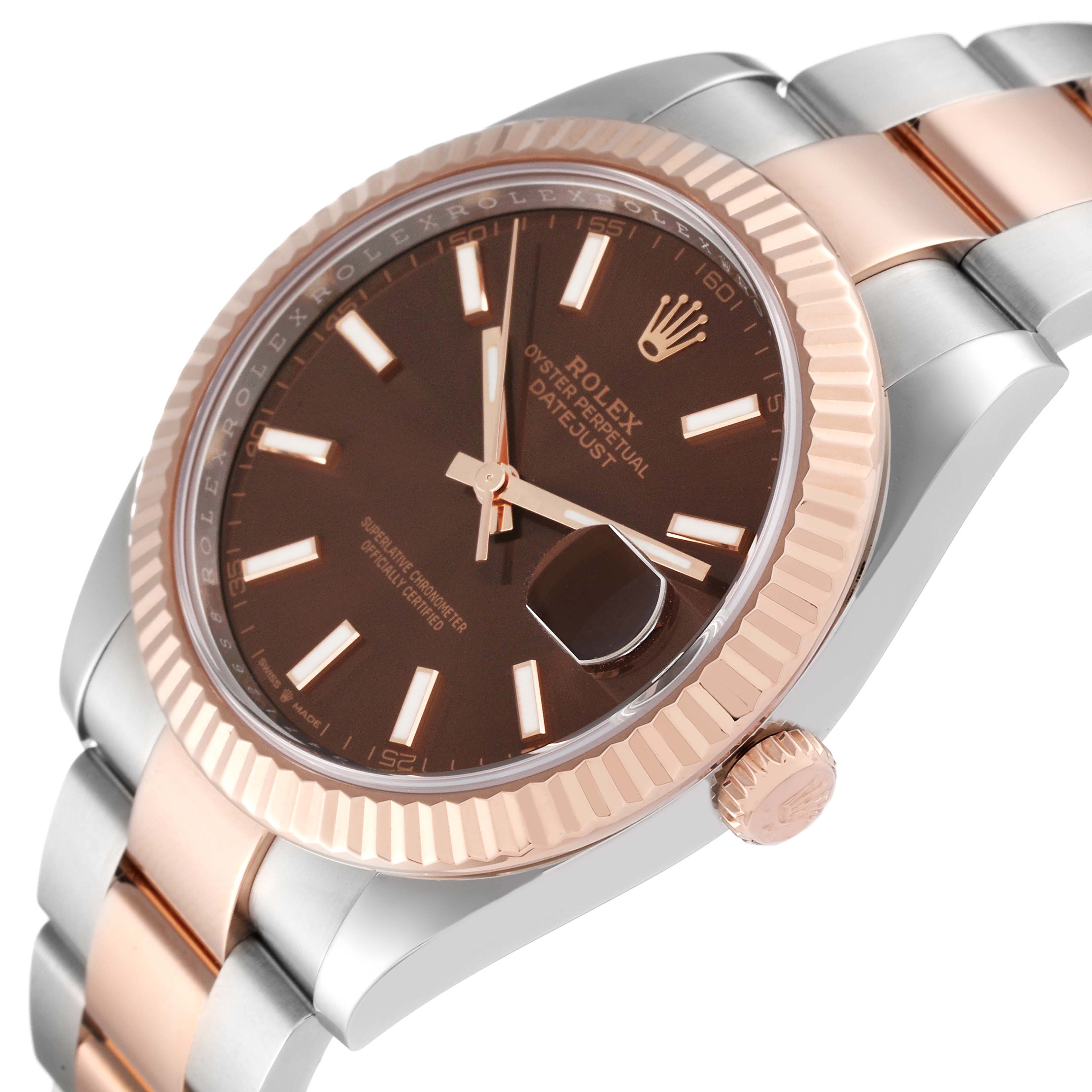 This image shows a close-up angled view of the Rolex Datejust 41 126331 Men's Steel and Gold (two tone) Brown Dial 126331 Men's Steel and Gold (two tone) Brown Dial watch, including its dial, bezel, and partially the bracelet.
