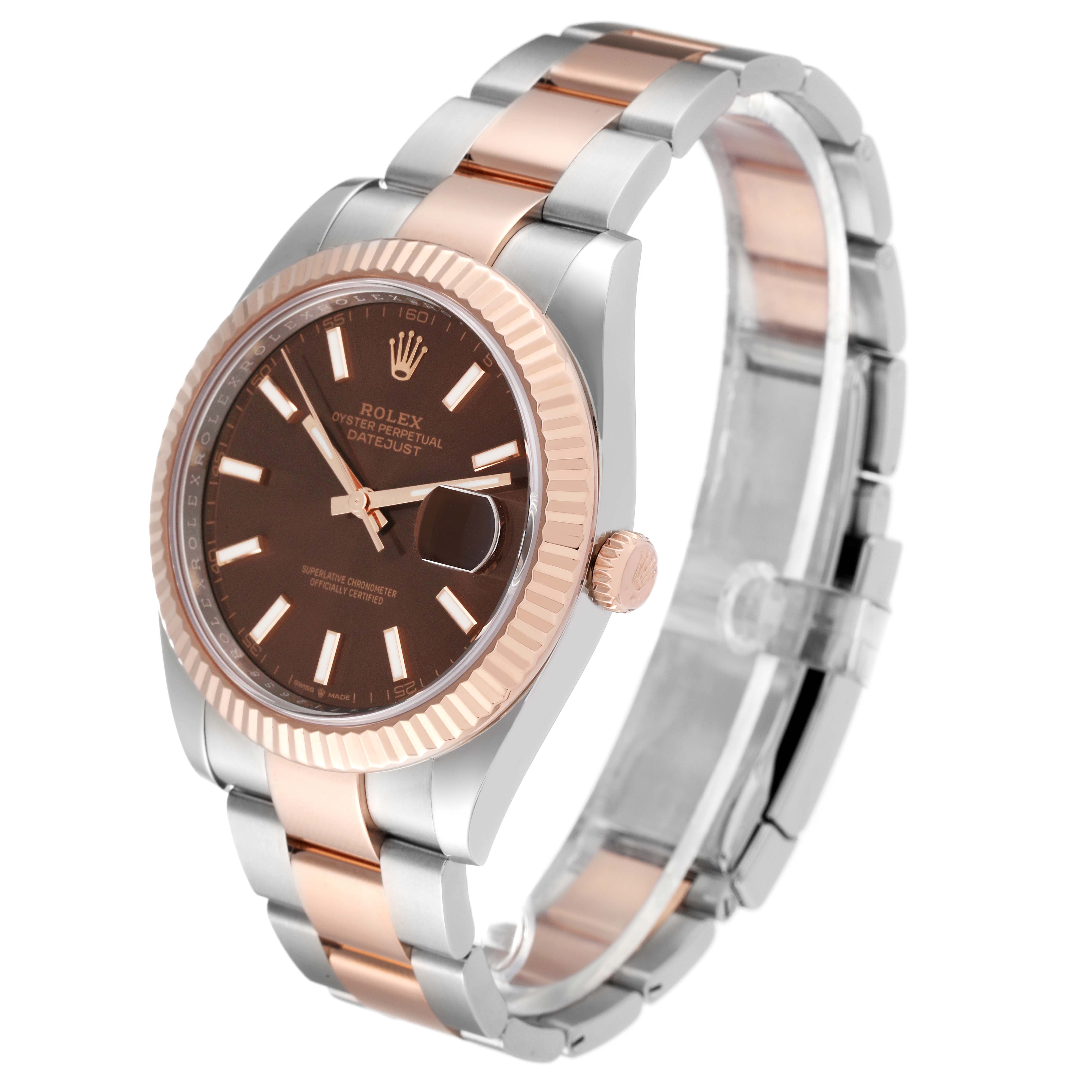 The Rolex Datejust 41 126331 Men's Steel and Gold (two tone) Brown Dial 126331 Men's Steel and Gold (two tone) Brown Dial watch is shown from an angled side view, displaying the face, bezel, crown, and bracelet.