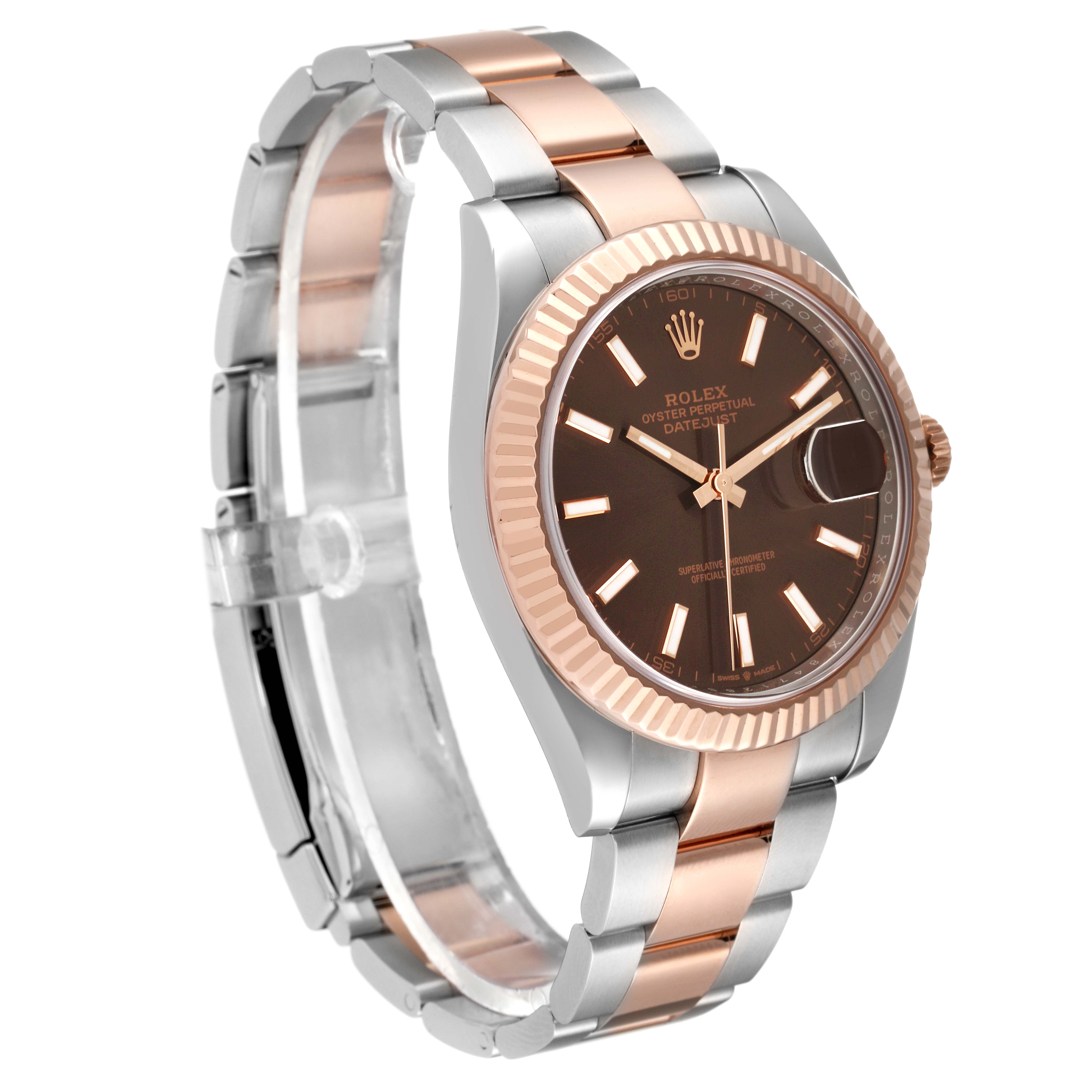 The image shows the Rolex Datejust 41 126331 Men's Steel and Gold (two tone) Brown Dial 126331 Men's Steel and Gold (two tone) Brown Dial watch at a three-quarter angle, highlighting the dial, fluted bezel, and part of the bracelet.