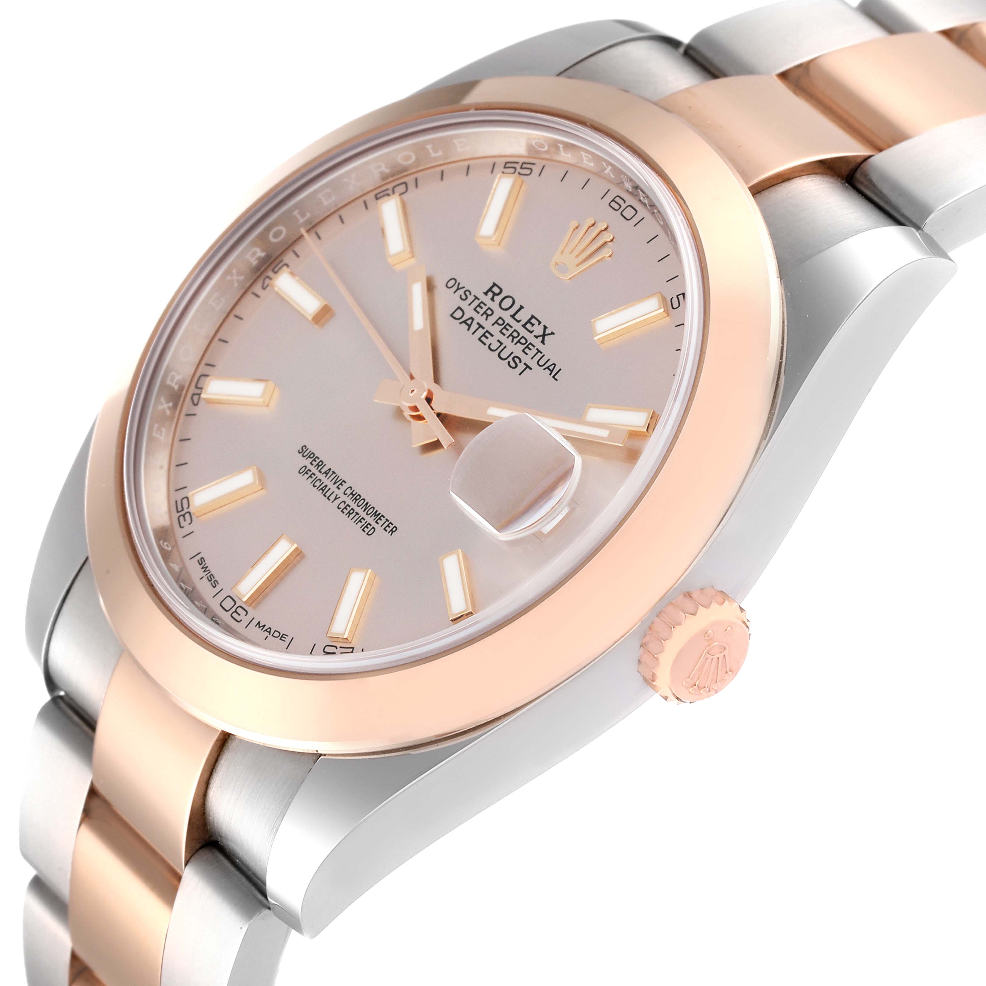 The image shows the face and part of the bracelet of the Rolex Datejust 41 126301 Men
s Steel and Gold (two tone) Pink Dial 126301 Men
s Steel and Gold (two tone) Pink Dial model at an angled view.