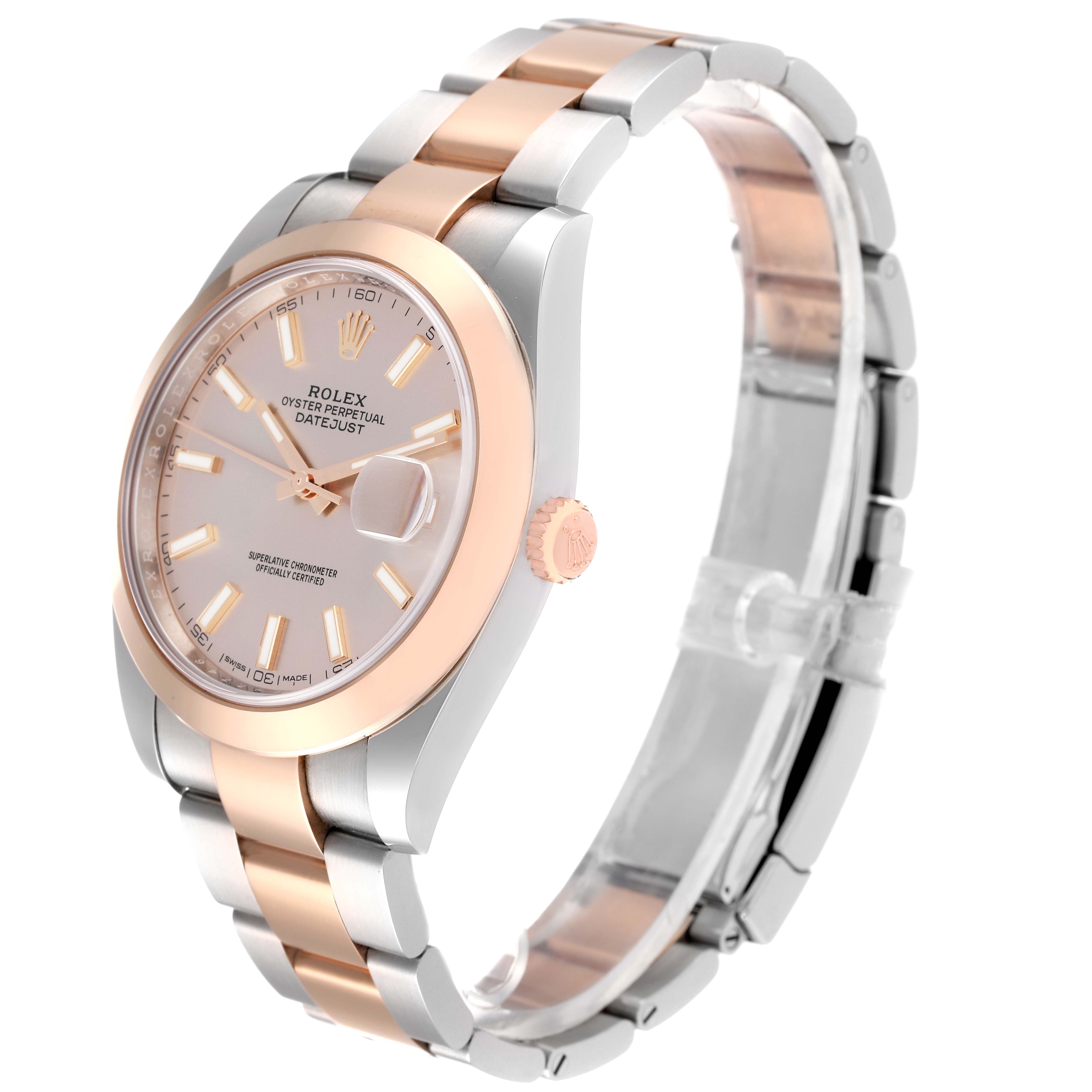 The image shows a side and slight top angle of the Rolex Datejust 41 126301 Men
s Steel and Gold (two tone) Pink Dial 126301 Men
s Steel and Gold (two tone) Pink Dial watch, displaying the bezel, dial, and bracelet.