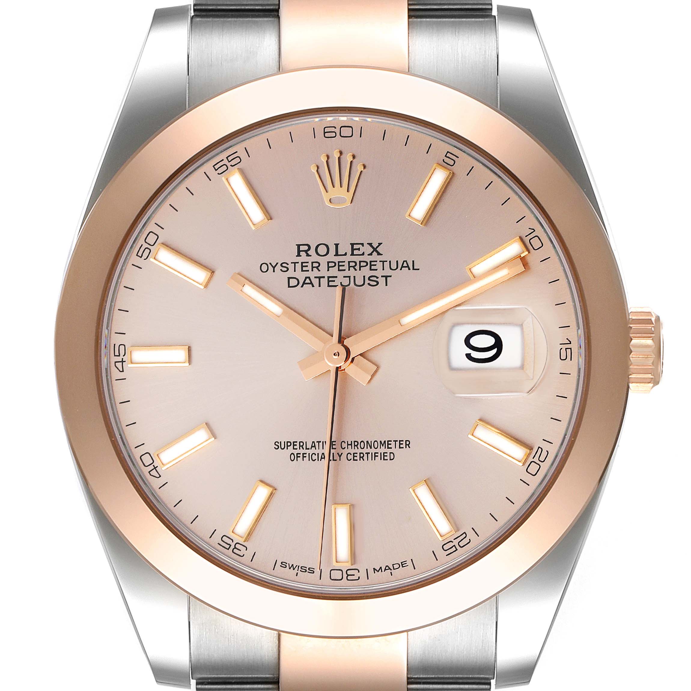 This image shows a front view of the Rolex Datejust 41 126301 Men
s Steel and Gold (two tone) Pink Dial 126301 Men
s Steel and Gold (two tone) Pink Dial watch, highlighting its dial, bezel, and part of the bracelet.