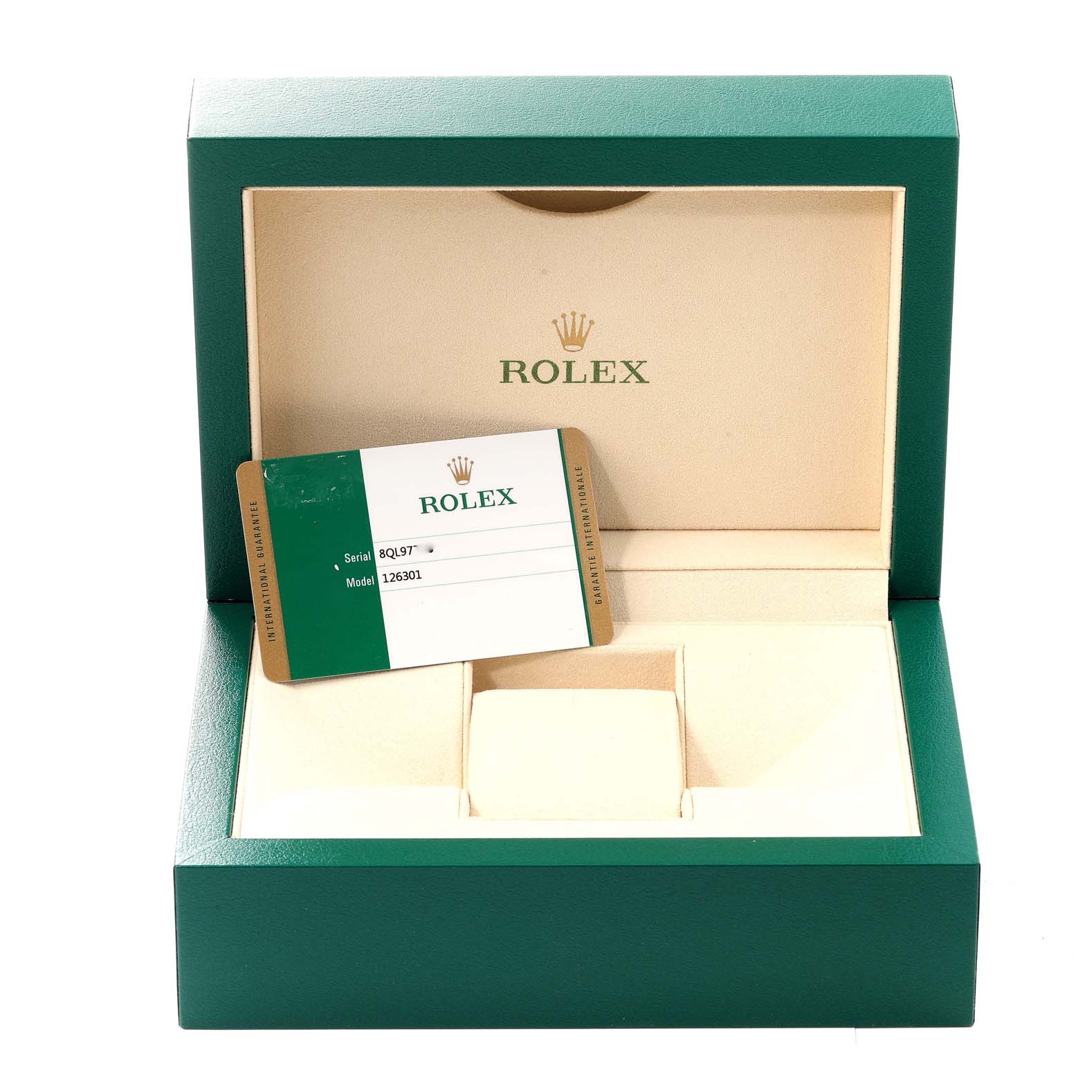 The image shows an open Rolex Datejust 41 126301 Men
s Steel and Gold (two tone) Pink Dial 126301 Men
s Steel and Gold (two tone) Pink Dial watch box with a model and serial number card inside.