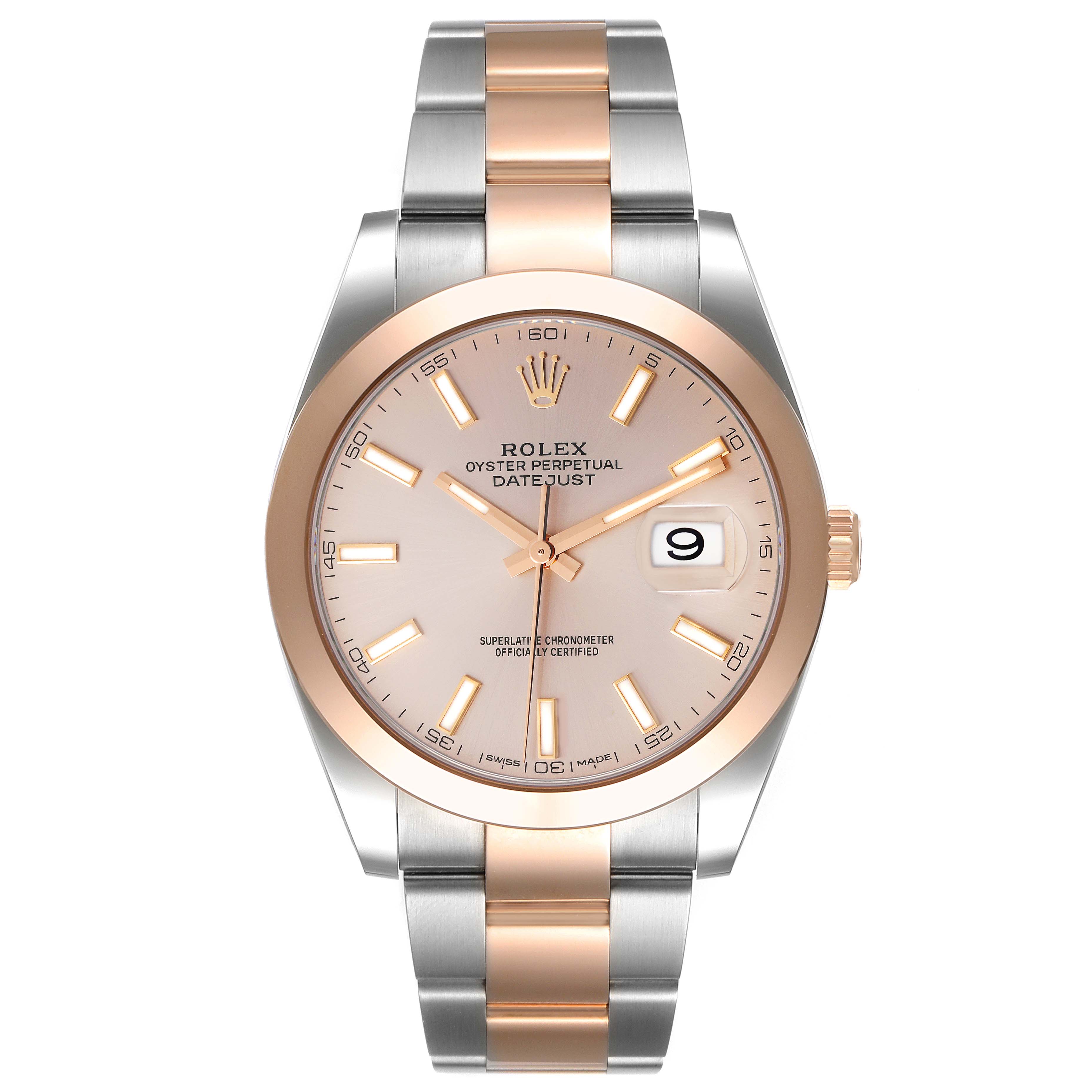 This is a frontal view of the Rolex Datejust 41 126301 Men
s Steel and Gold (two tone) Pink Dial 126301 Men
s Steel and Gold (two tone) Pink Dial, showing the full watch face, bezel, and bracelet.
