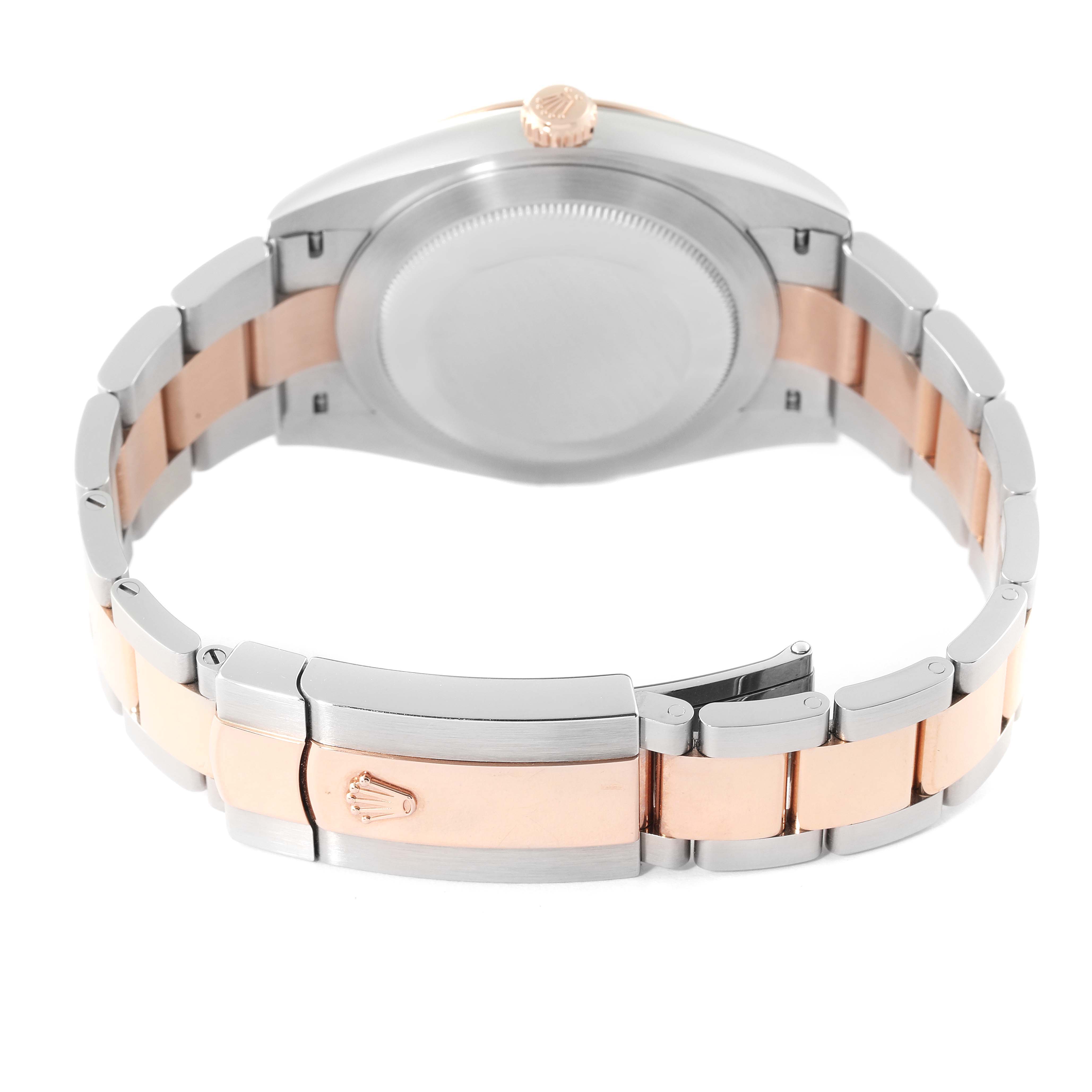 The image shows the back side of a Rolex Datejust 41 126301 Men
s Steel and Gold (two tone) Pink Dial 126301 Men
s Steel and Gold (two tone) Pink Dial watch, displaying the case back and the two-tone bracelet with the clasp.