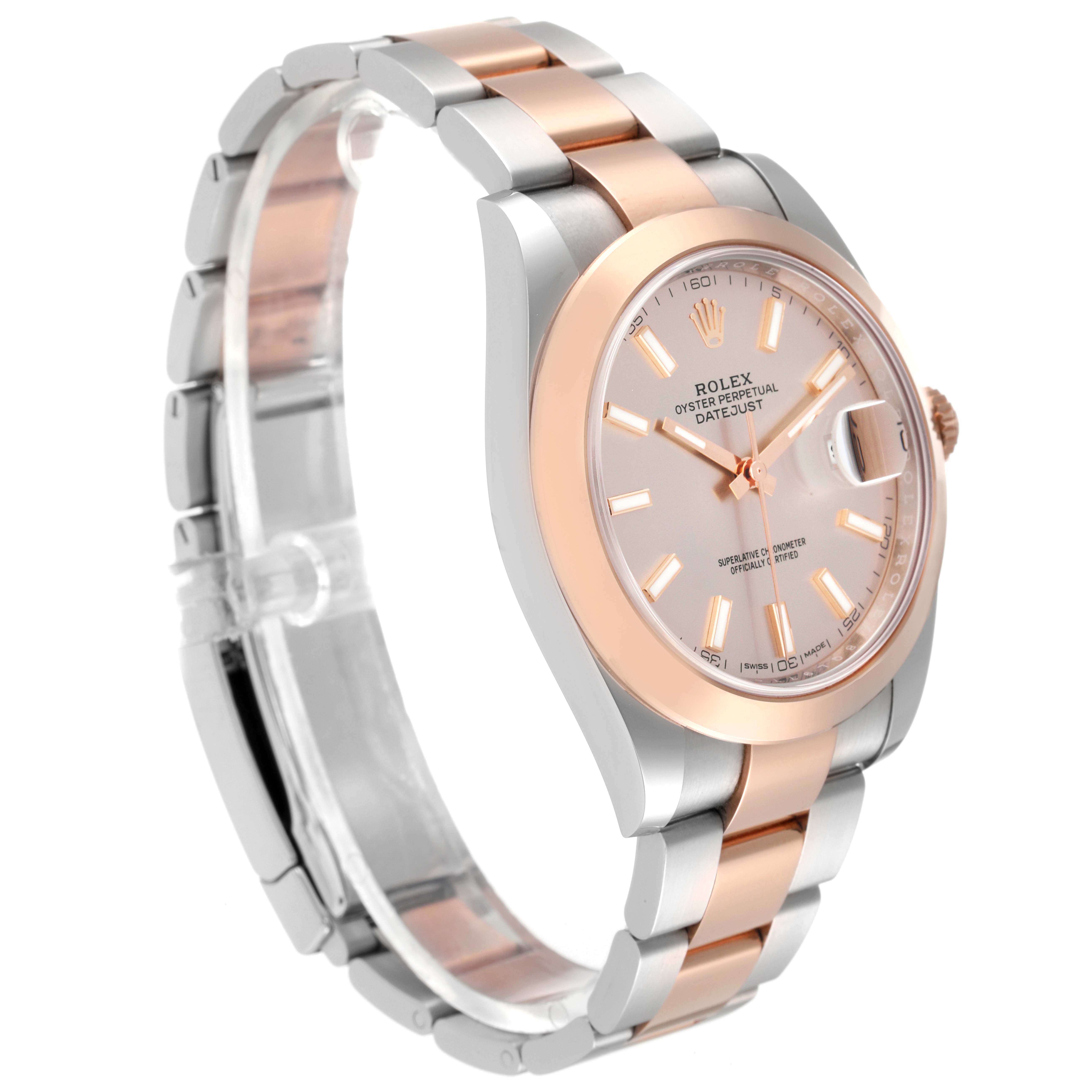 The image shows a Rolex Datejust 41 126301 Men
s Steel and Gold (two tone) Pink Dial 126301 Men
s Steel and Gold (two tone) Pink Dial model at a side angle, highlighting the two-tone bracelet and face details.