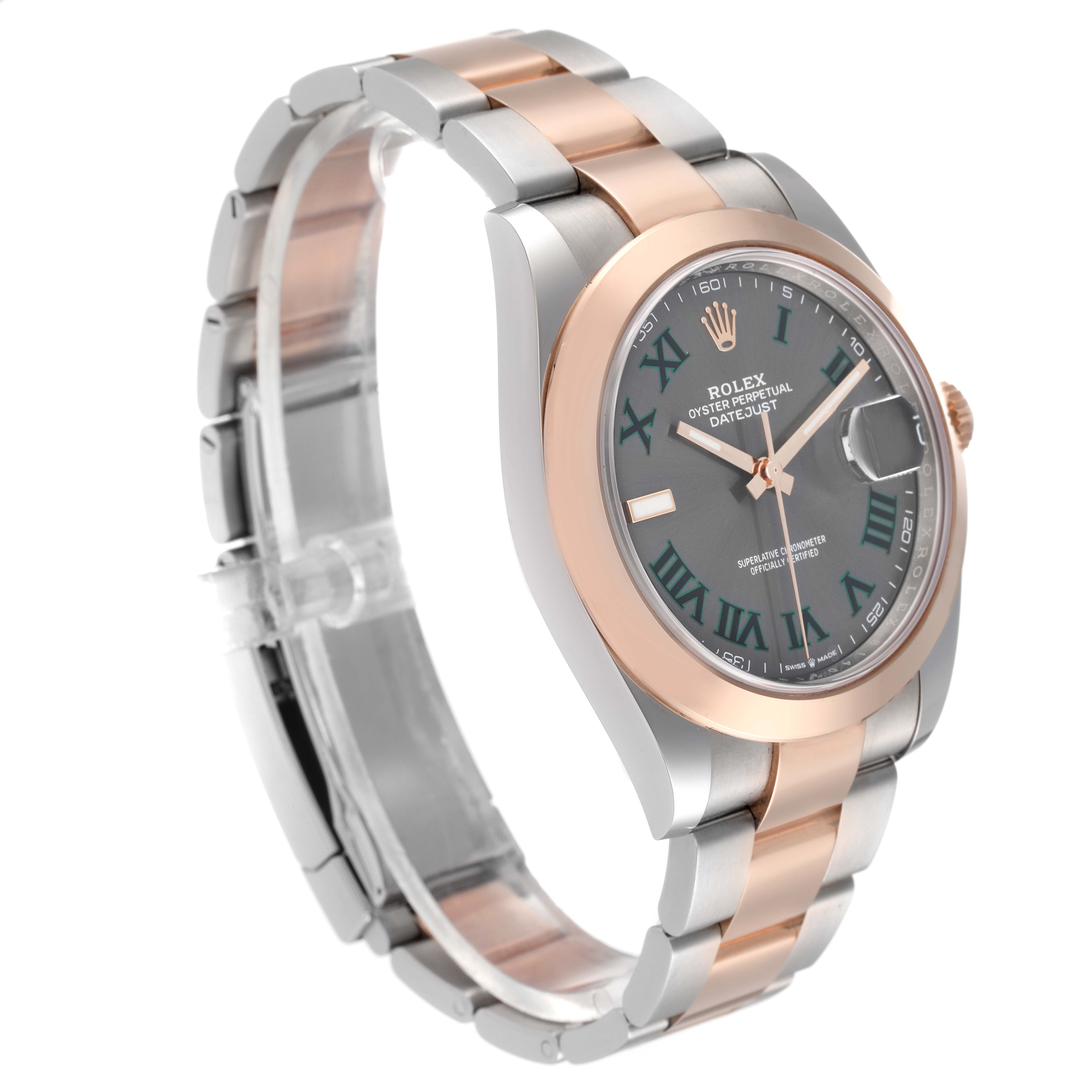 The image shows a three-quarter view of the Rolex Datejust 41 126301 Men's Steel and Gold (two tone) Grey Dial 126301 Men's Steel and Gold (two tone) Grey Dial, highlighting its two-tone bracelet, black dial, and cyclops lens.