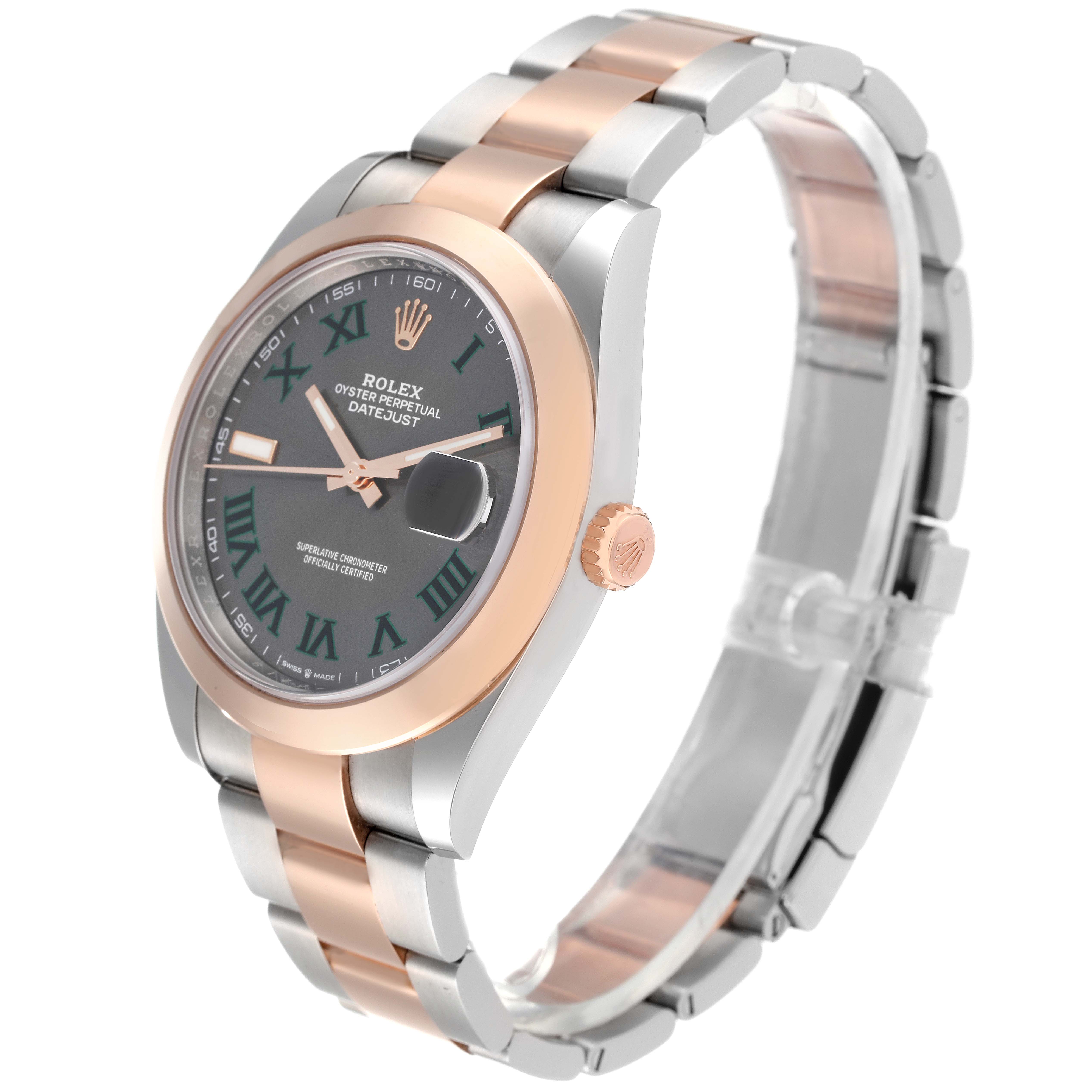 The Rolex Datejust 41 126301 Men's Steel and Gold (two tone) Grey Dial 126301 Men's Steel and Gold (two tone) Grey Dial watch is shown at an angled side view highlighting the case, dial, bezel, bracelet, and crown.