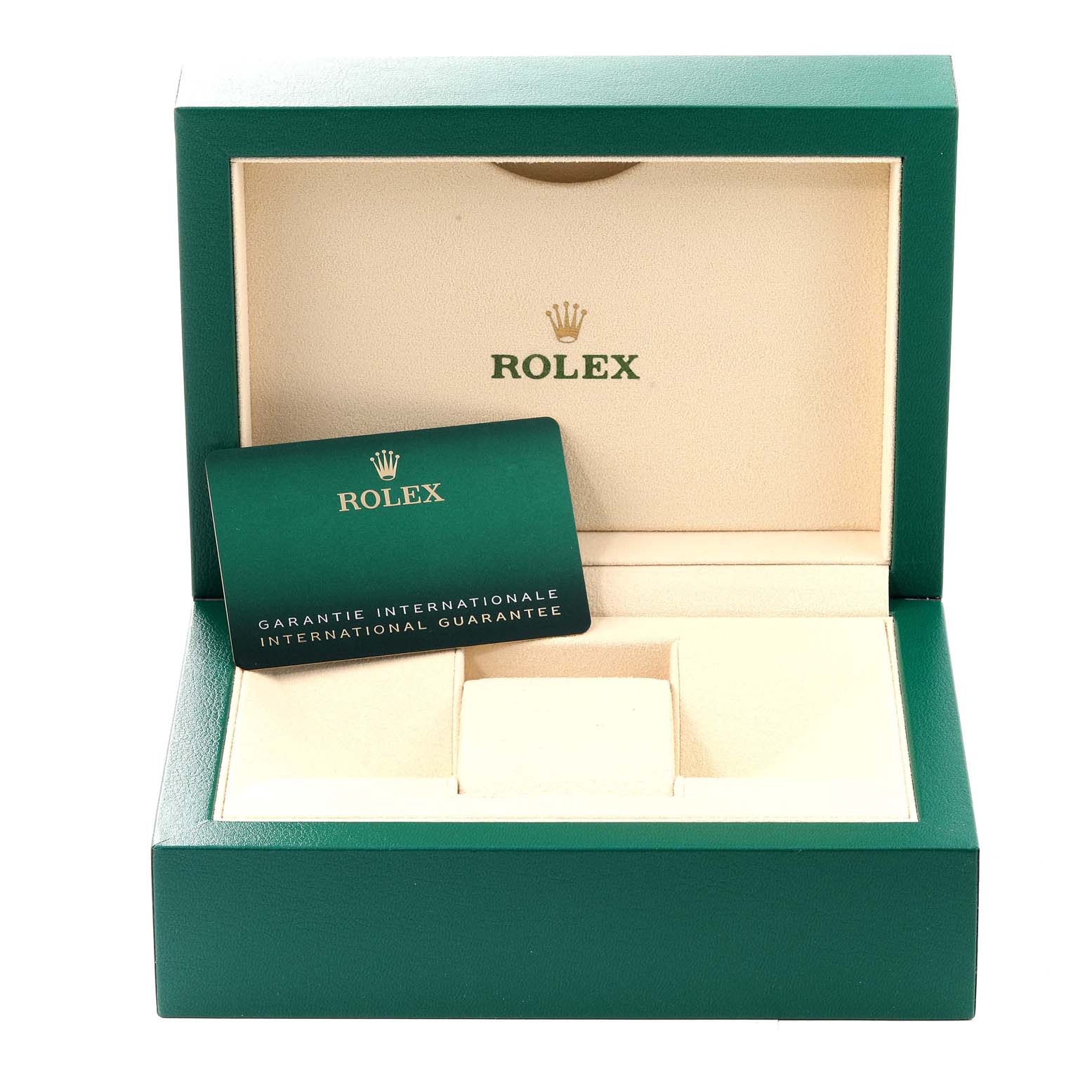 This is the open display box for the Rolex Datejust 41 126301 Men's Steel and Gold (two tone) Grey Dial 126301 Men's Steel and Gold (two tone) Grey Dial model, showing the interior and the international guarantee card.