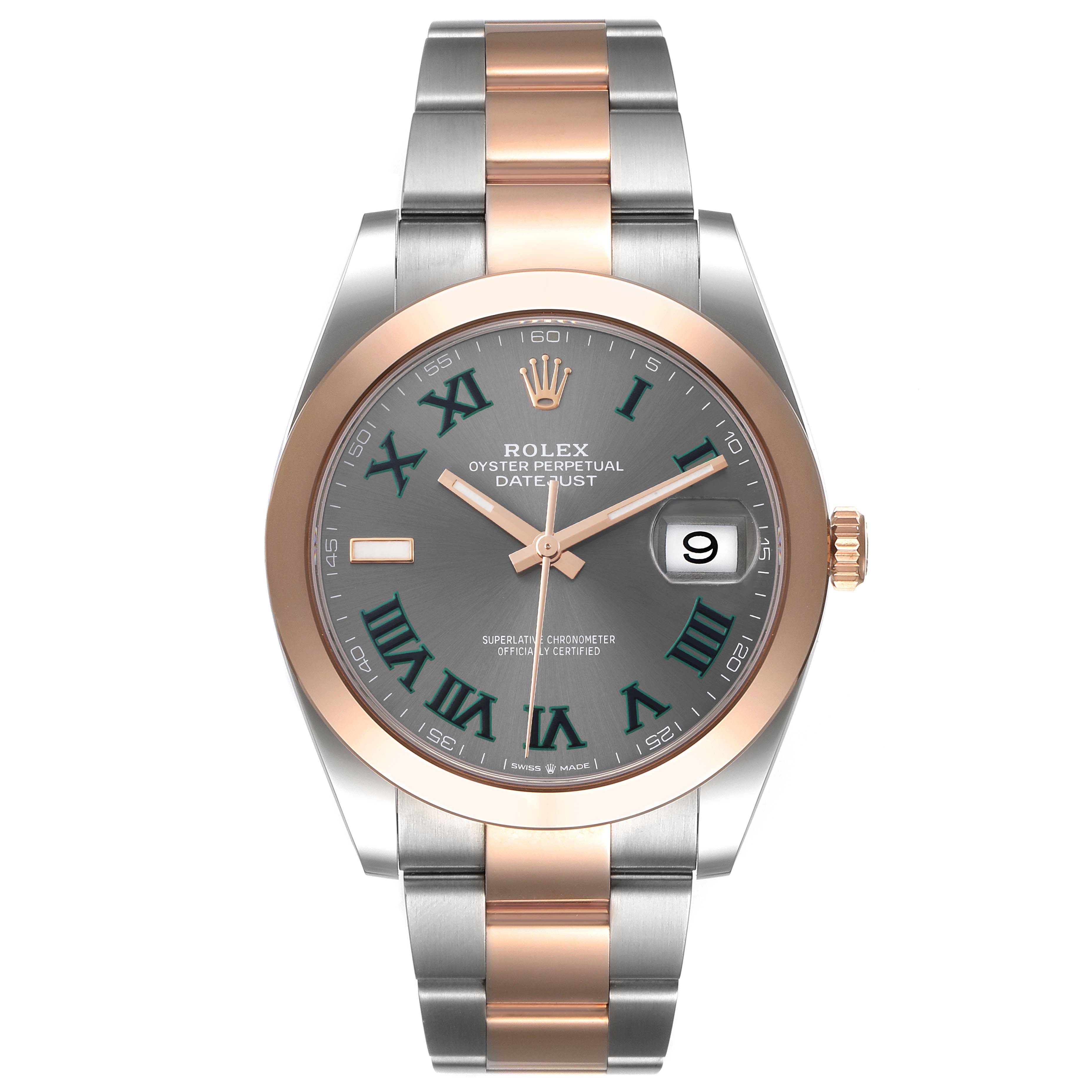 This is a front view of the Rolex Datejust 41 126301 Men's Steel and Gold (two tone) Grey Dial 126301 Men's Steel and Gold (two tone) Grey Dial watch, showcasing its dial, bezel, and bracelet.