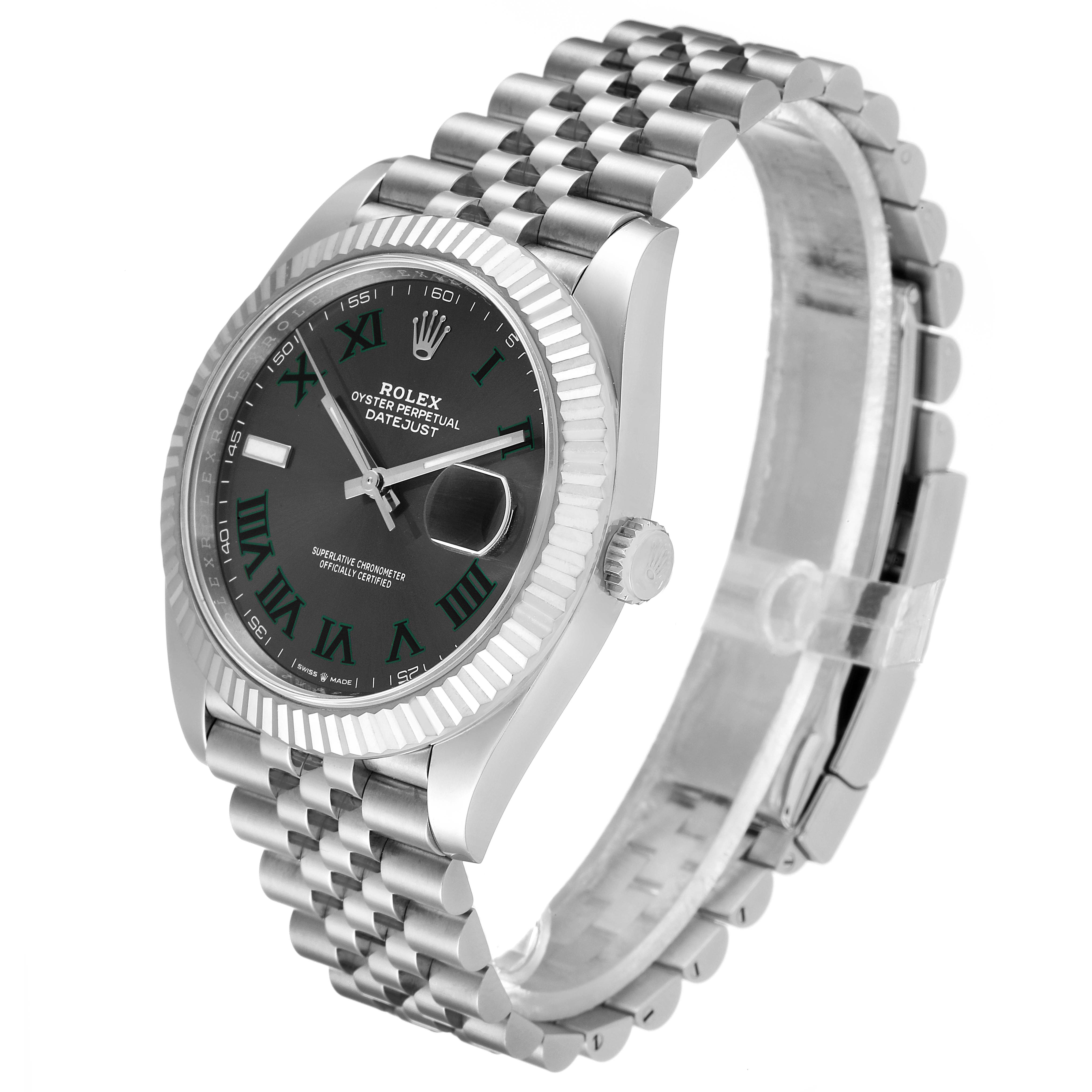 The image shows a Rolex Datejust 41 126334 Men
s Stainless Steel Grey Dial 126334 Men
s Stainless Steel Grey Dial from a side angle, highlighting the face, bezel, crown, and jubilee bracelet.