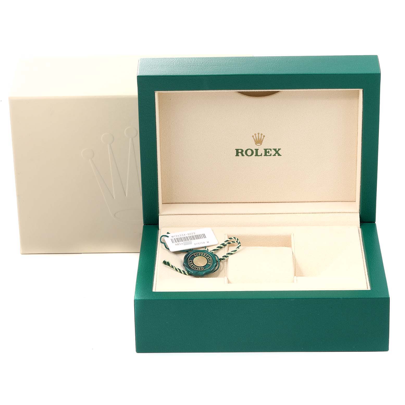 The image shows an open green Rolex box for a Datejust 41 model, displaying the interior with a tag but without the watch.