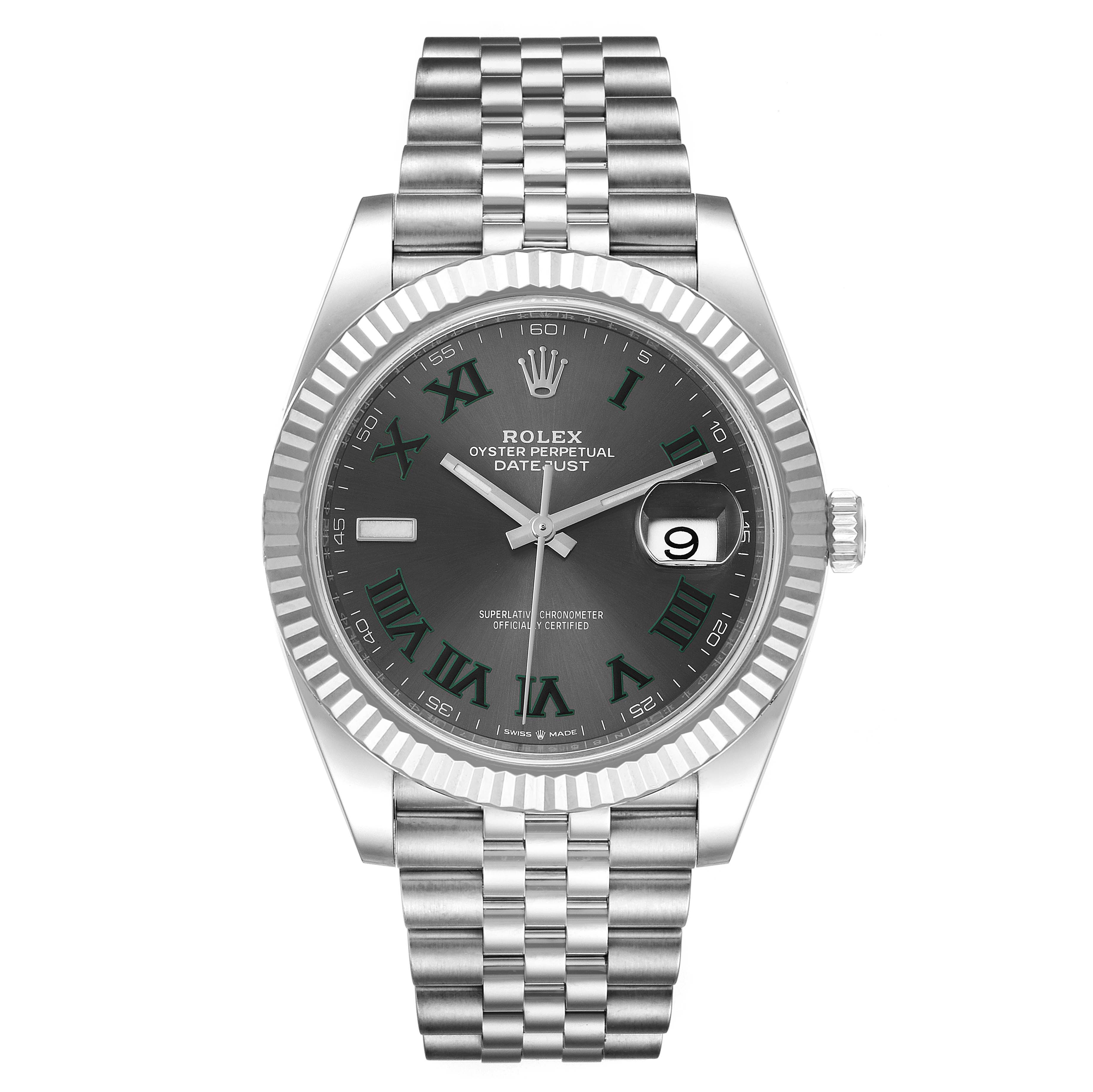 This image shows a front view of the Rolex Datejust 41 126334 Men
s Stainless Steel Grey Dial 126334 Men
s Stainless Steel Grey Dial watch, displaying its dial, bezel, and bracelet.
