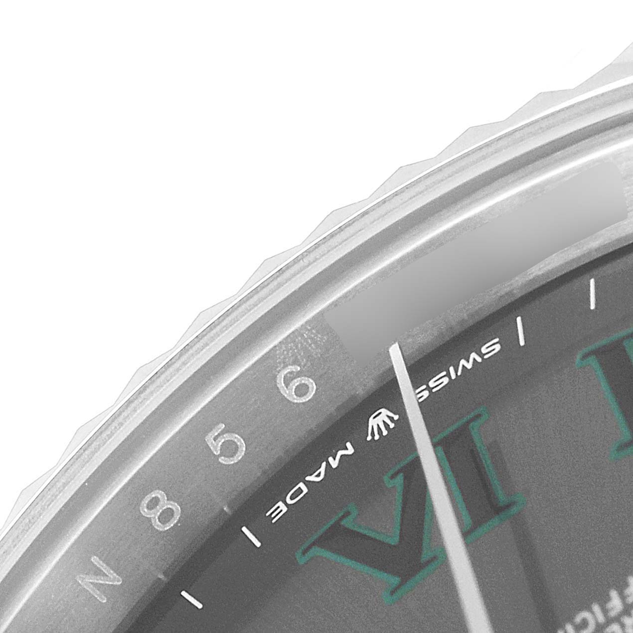 This image shows a close-up of the dial, bezel, and part of the minute hand of the Rolex Datejust 41 126334 Men
s Stainless Steel Grey Dial 126334 Men
s Stainless Steel Grey Dial watch.