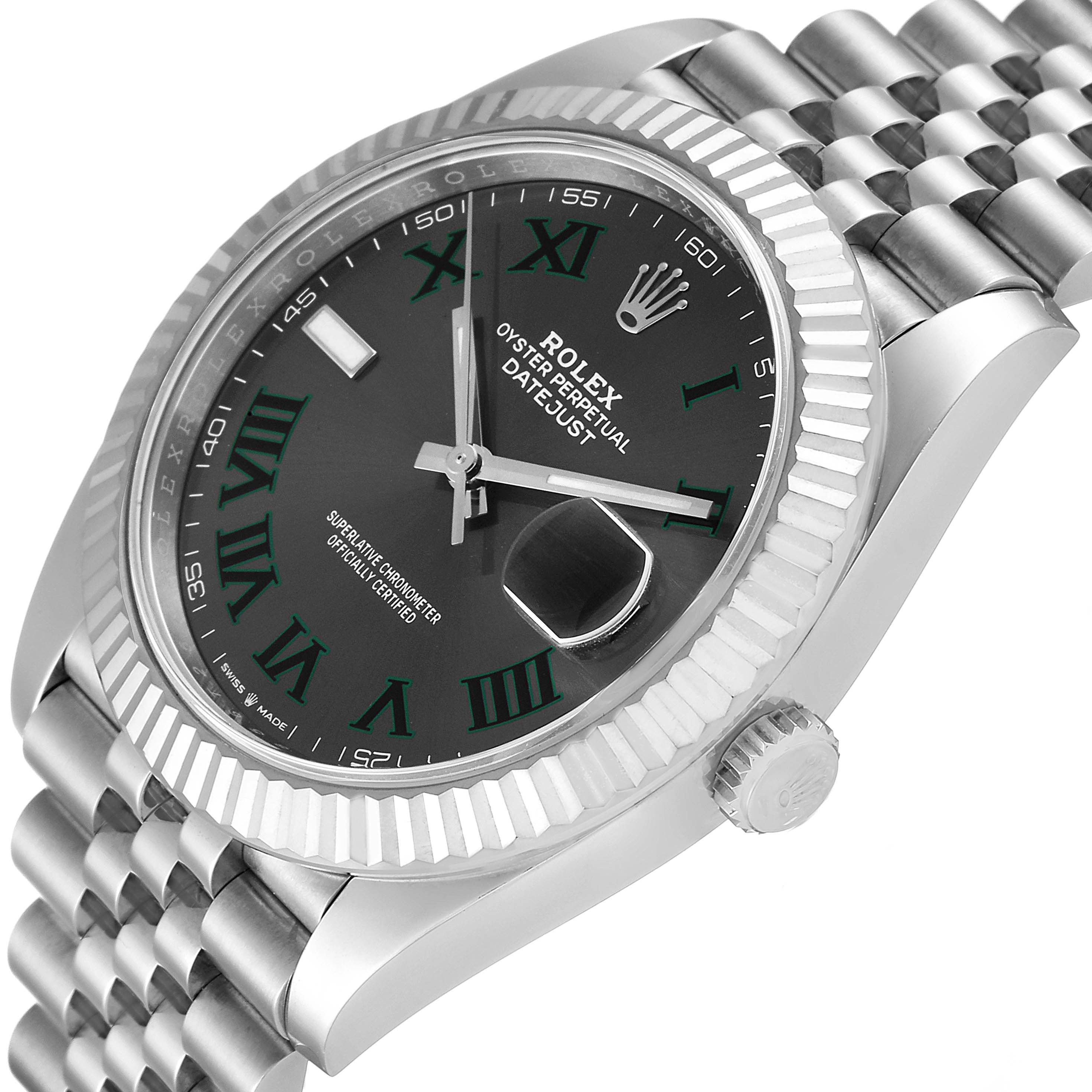 The image shows a close-up view of the Rolex Datejust 41 126334 Men
s Stainless Steel Grey Dial 126334 Men
s Stainless Steel Grey Dial watch, highlighting its dial, bezel, crown, and a part of the bracelet.