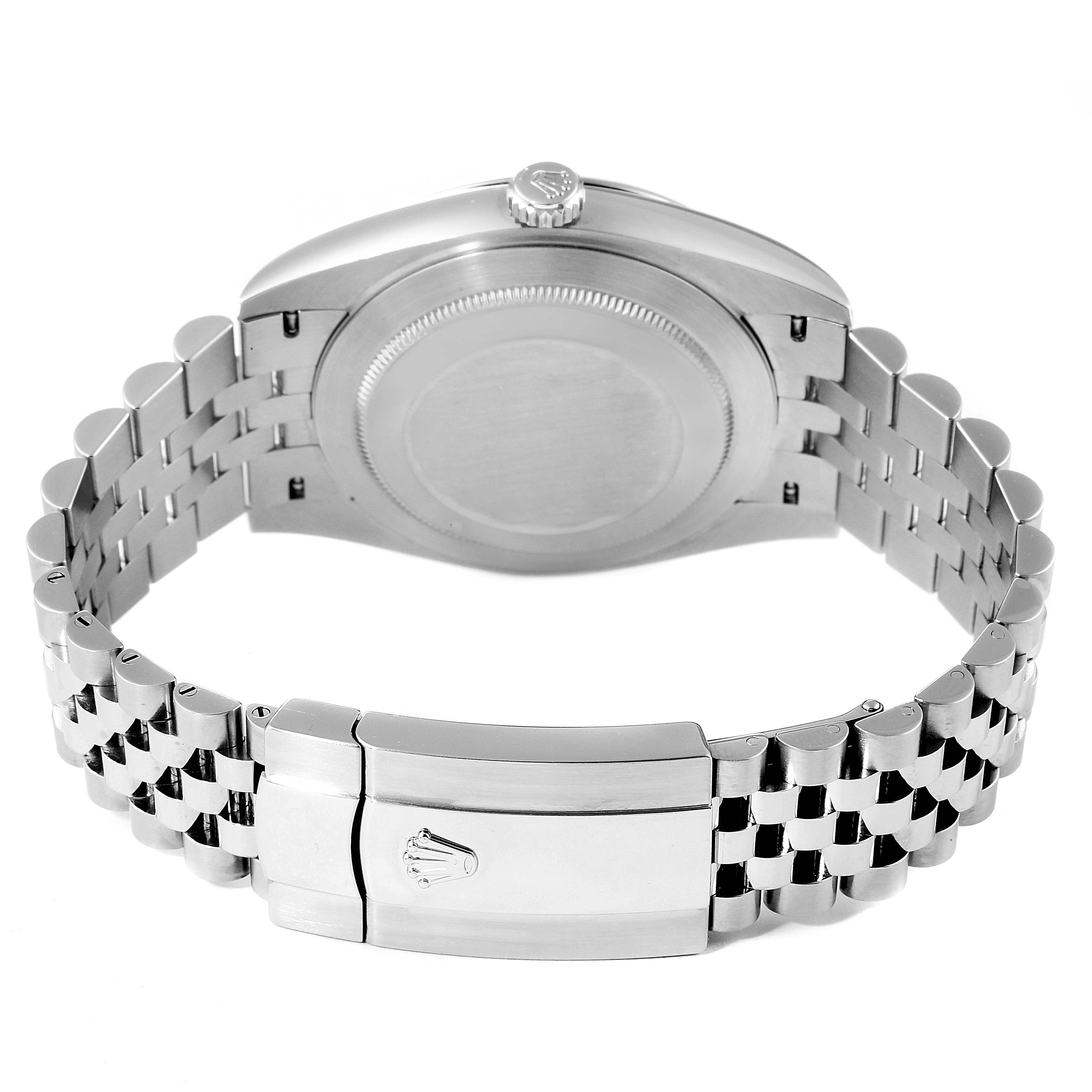 The image shows the back case, crown, and bracelet clasp of the Rolex Datejust 41 126334 Men
s Stainless Steel Grey Dial 126334 Men
s Stainless Steel Grey Dial model.