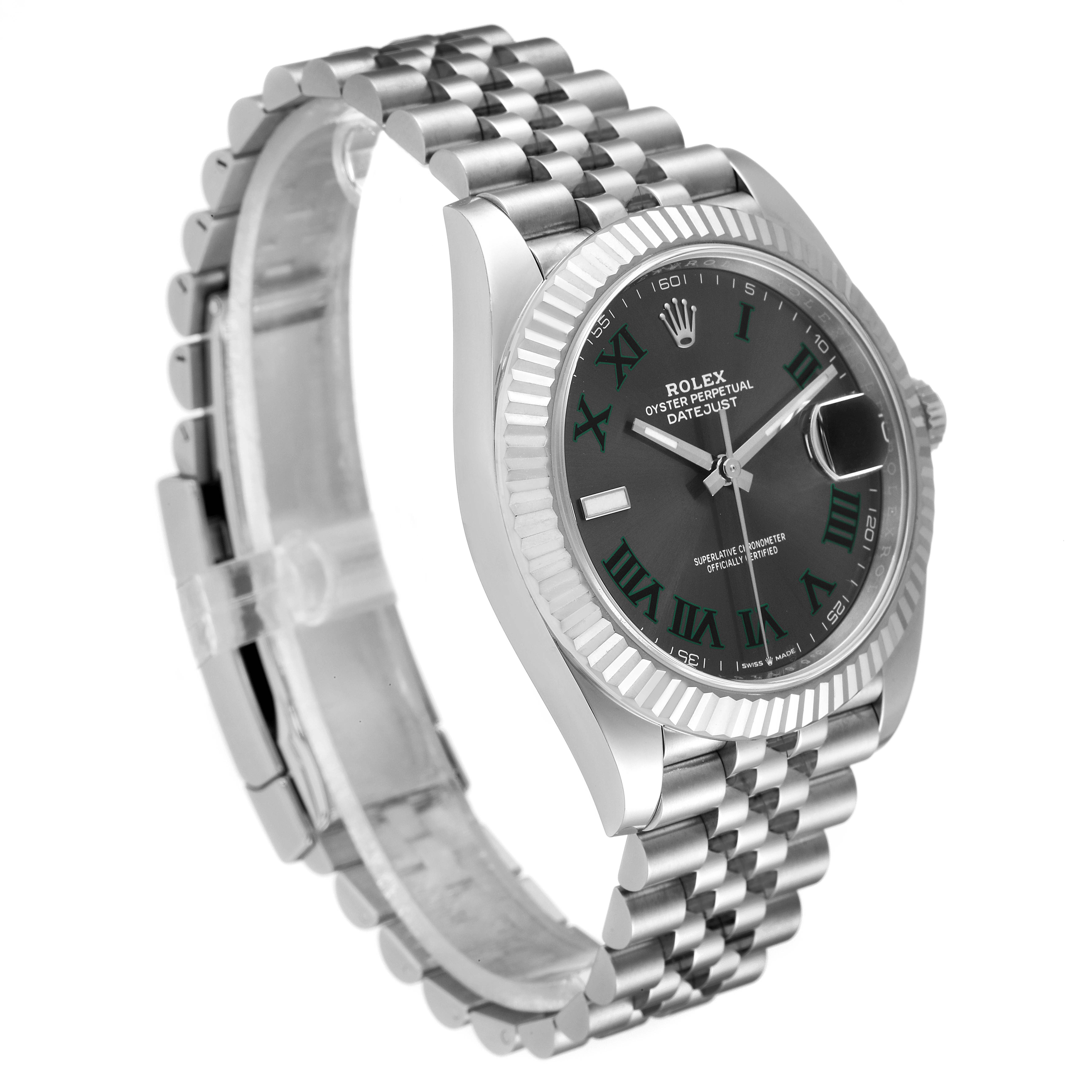 The image shows a Rolex Datejust 41 126334 Men
s Stainless Steel Grey Dial 126334 Men
s Stainless Steel Grey Dial watch at a slight side angle, displaying its dial, bezel, and bracelet.