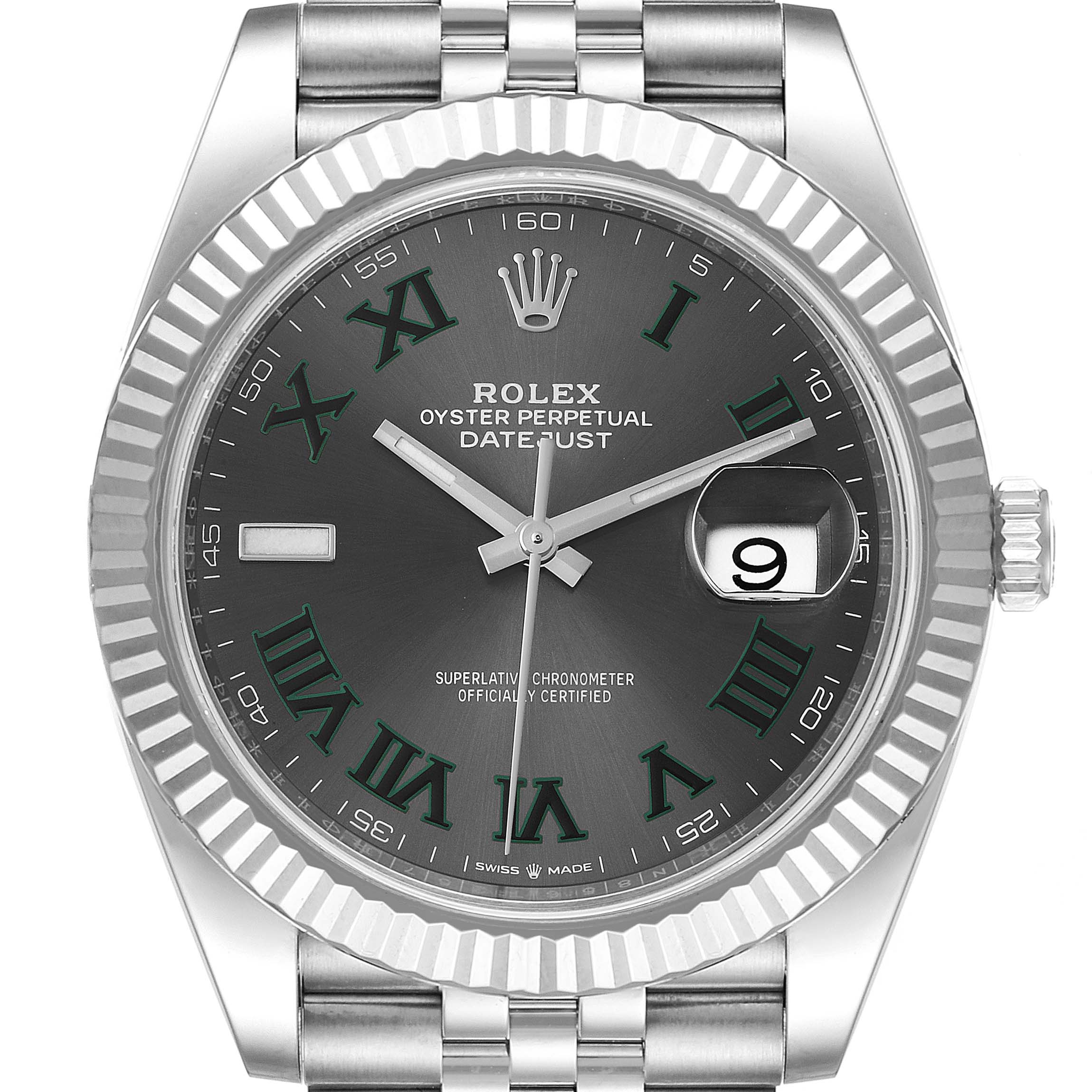The image shows a frontal view of the Rolex Datejust 41 126334 Men
s Stainless Steel Grey Dial 126334 Men
s Stainless Steel Grey Dial watch, highlighting its dark gray dial, fluted bezel, and jubilee bracelet.