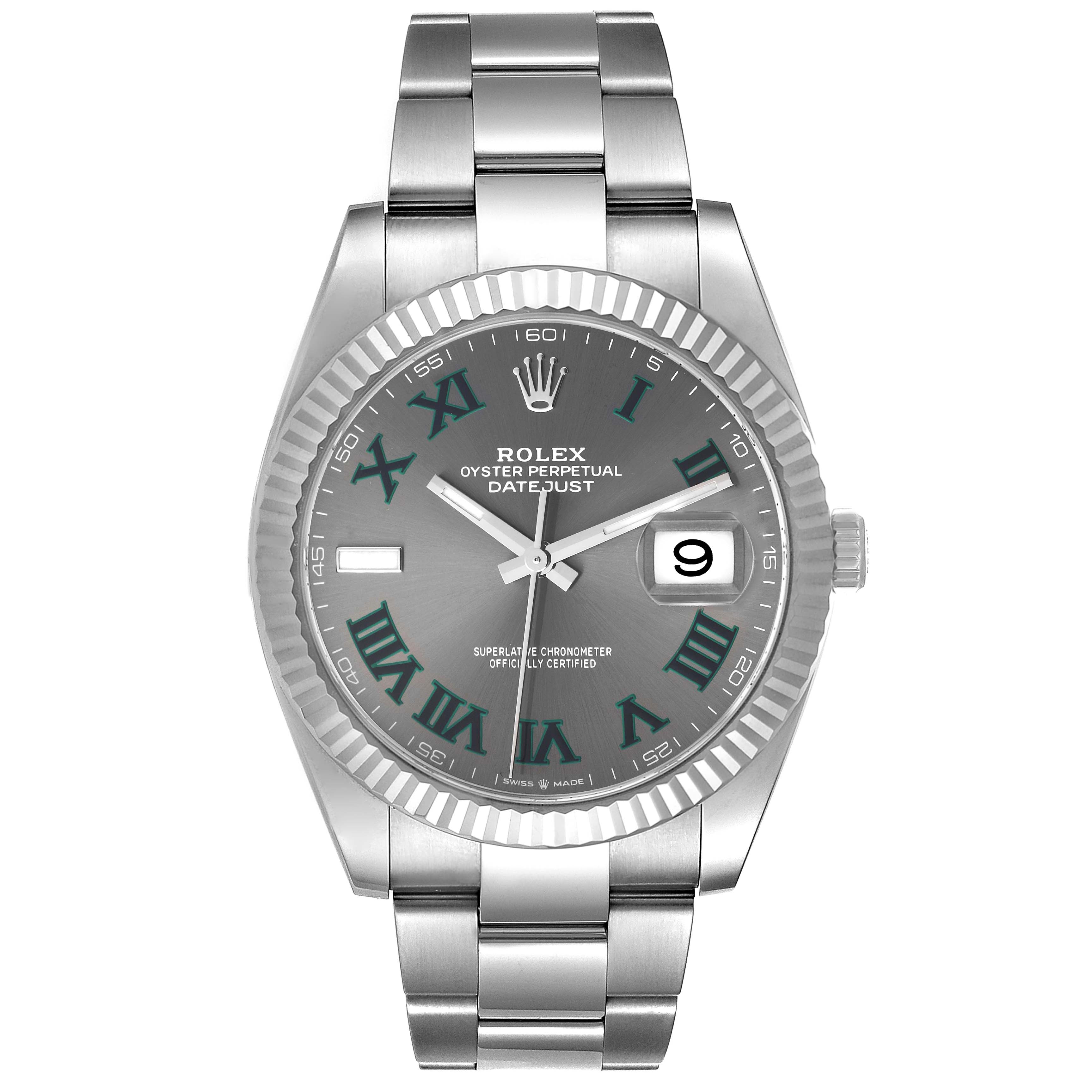 This image shows a frontal view of the Rolex Datejust 41 126334 Men's Stainless Steel Grey Dial 126334 Men's Stainless Steel Grey Dial watch, highlighting its dial, bracelet, and bezel.