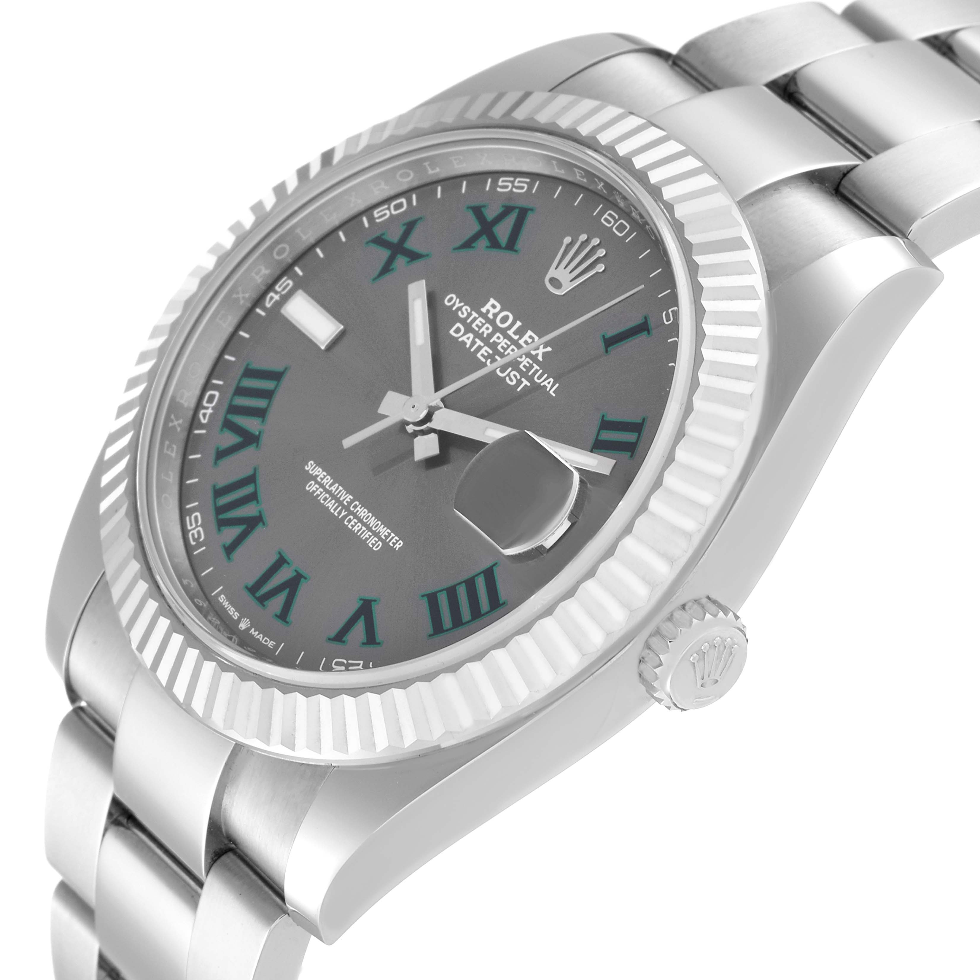 The Rolex Datejust 41 126334 Men's Stainless Steel Grey Dial 126334 Men's Stainless Steel Grey Dial watch is shown at an angle highlighting the dial, bezel, crown, and part of the bracelet.