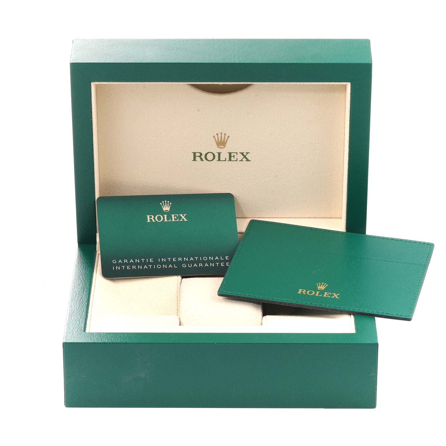 The image shows the green packaging and warranty cards of the Rolex Datejust 41 126334 Men's Stainless Steel Grey Dial 126334 Men's Stainless Steel Grey Dial model.