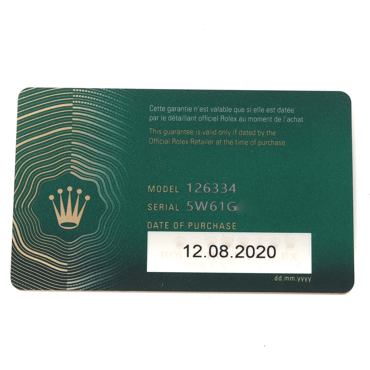 This is the guarantee card for a Rolex Datejust 41 126334 Men's Stainless Steel Grey Dial 126334 Men's Stainless Steel Grey Dial model, showing the model and serial number along with the purchase date.