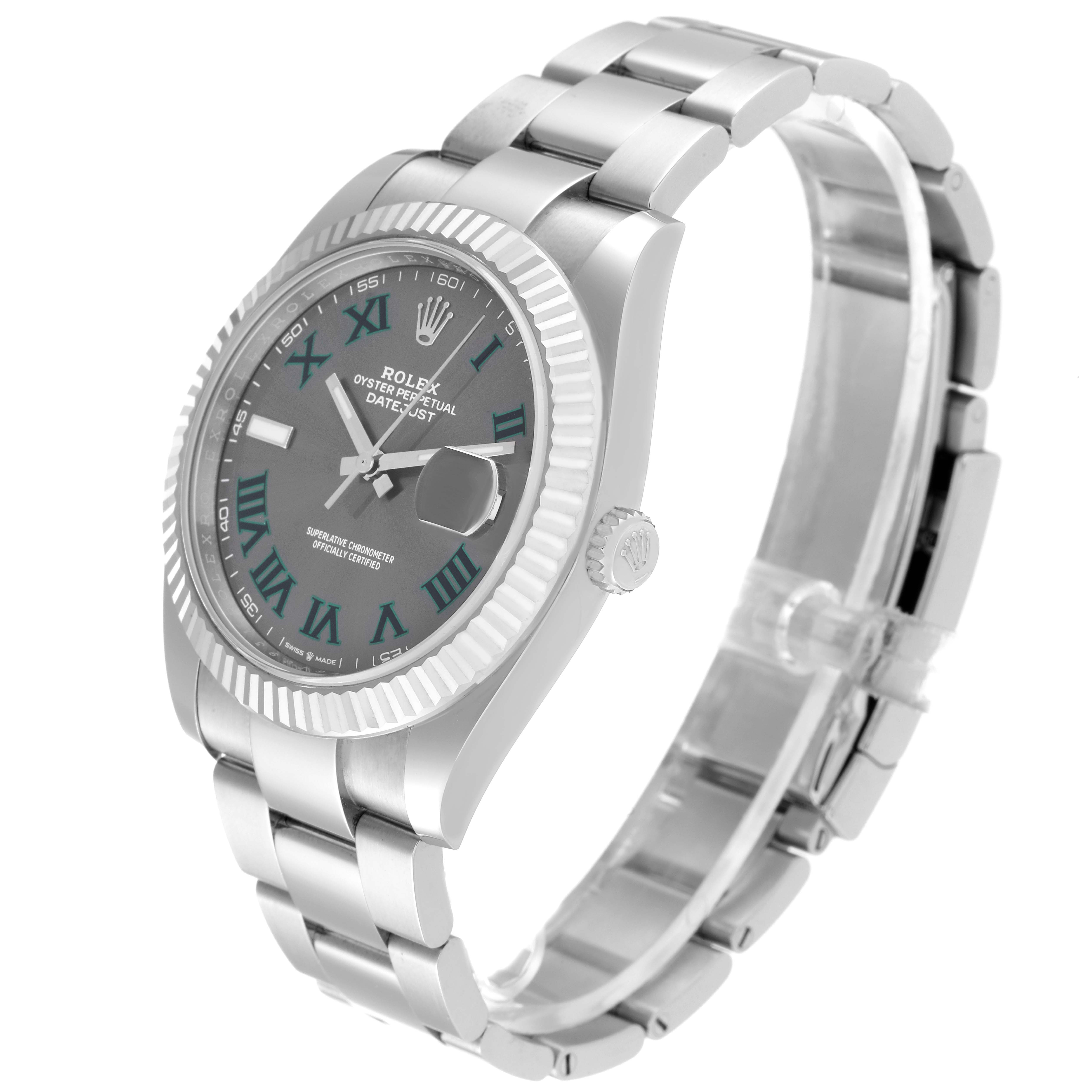 The image shows a Rolex Datejust 41 126334 Men's Stainless Steel Grey Dial 126334 Men's Stainless Steel Grey Dial watch at an oblique angle, highlighting its dial, case, and bracelet.