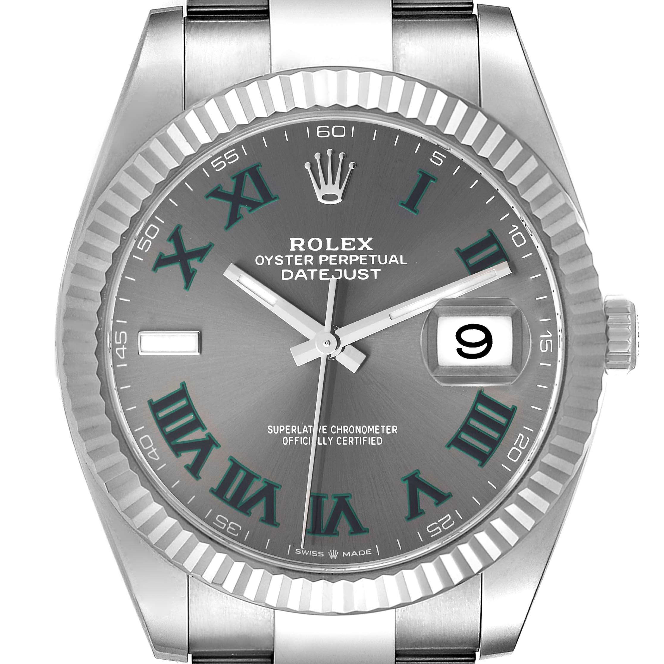 This Rolex Datejust 41 126334 Men's Stainless Steel Grey Dial 126334 Men's Stainless Steel Grey Dial watch is shown from a straight-on angle, featuring the dial, hands, date window, bezel, and part of the bracelet.