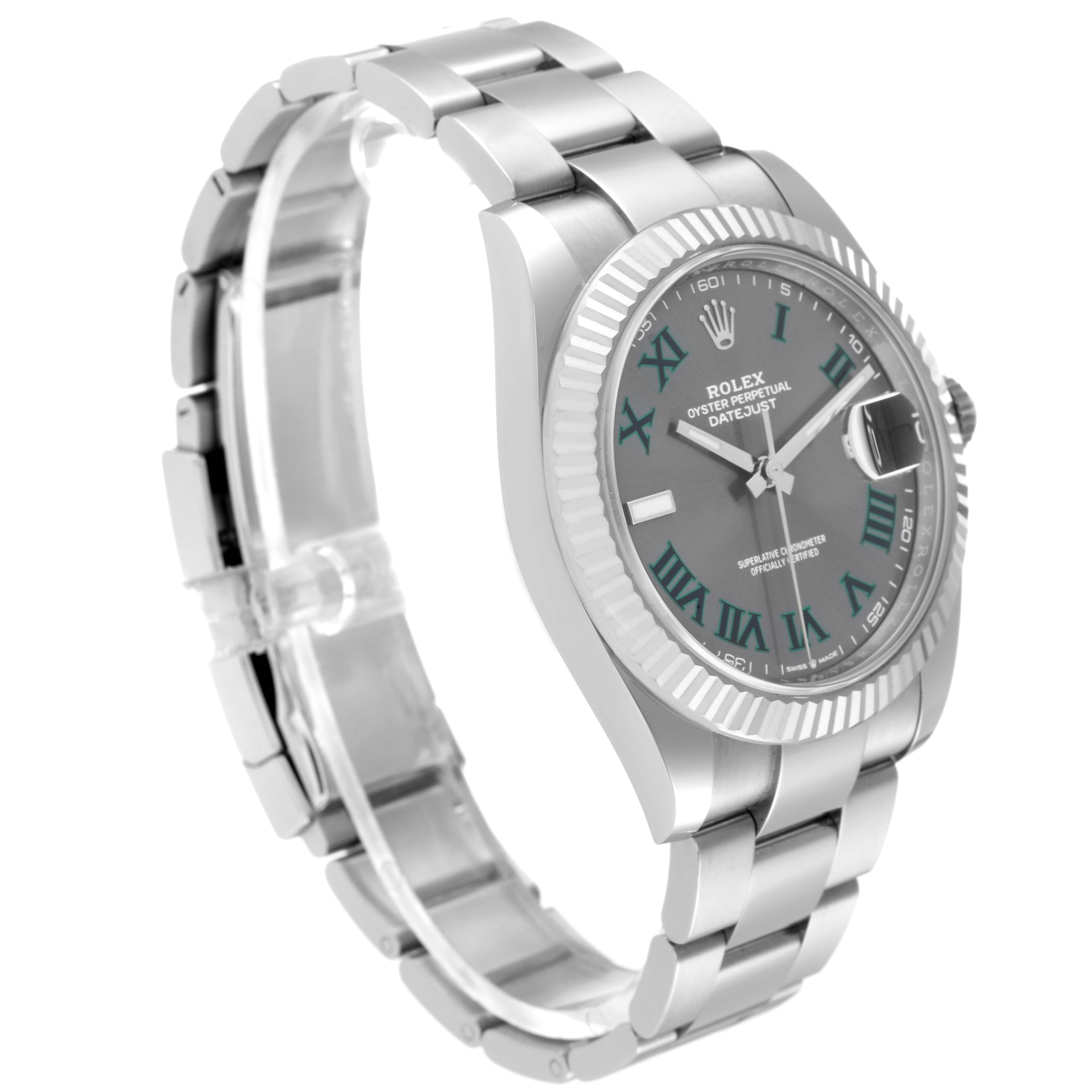 This image shows a Rolex Datejust 41 126334 Men's Stainless Steel Grey Dial 126334 Men's Stainless Steel Grey Dial watch at a three-quarter angle, highlighting the dial, bezel, and bracelet.