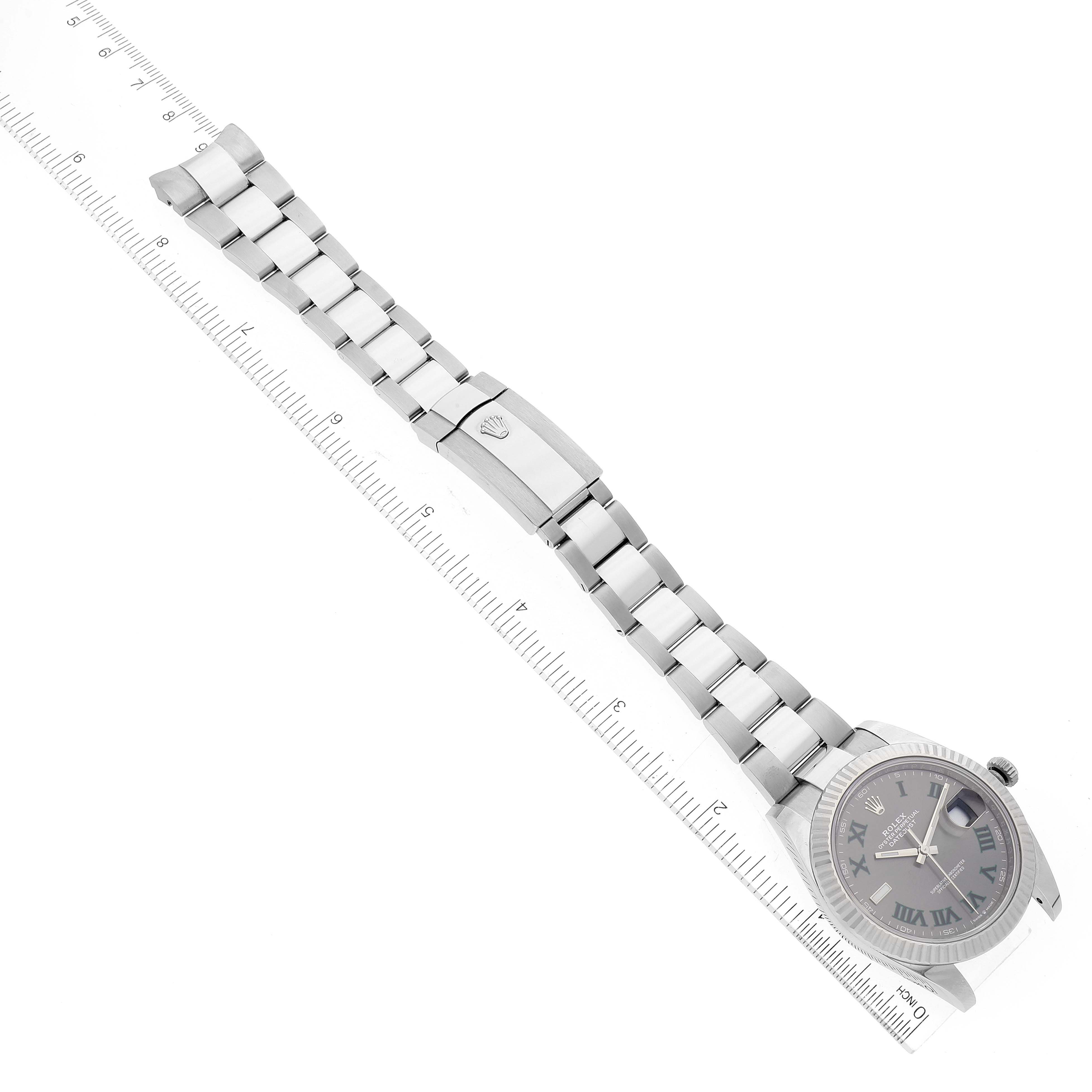 This image shows a full view of the Rolex Datejust 41 126334 Men's Stainless Steel Grey Dial 126334 Men's Stainless Steel Grey Dial watch, including the face, bracelet, and clasp, from a top-down angle.