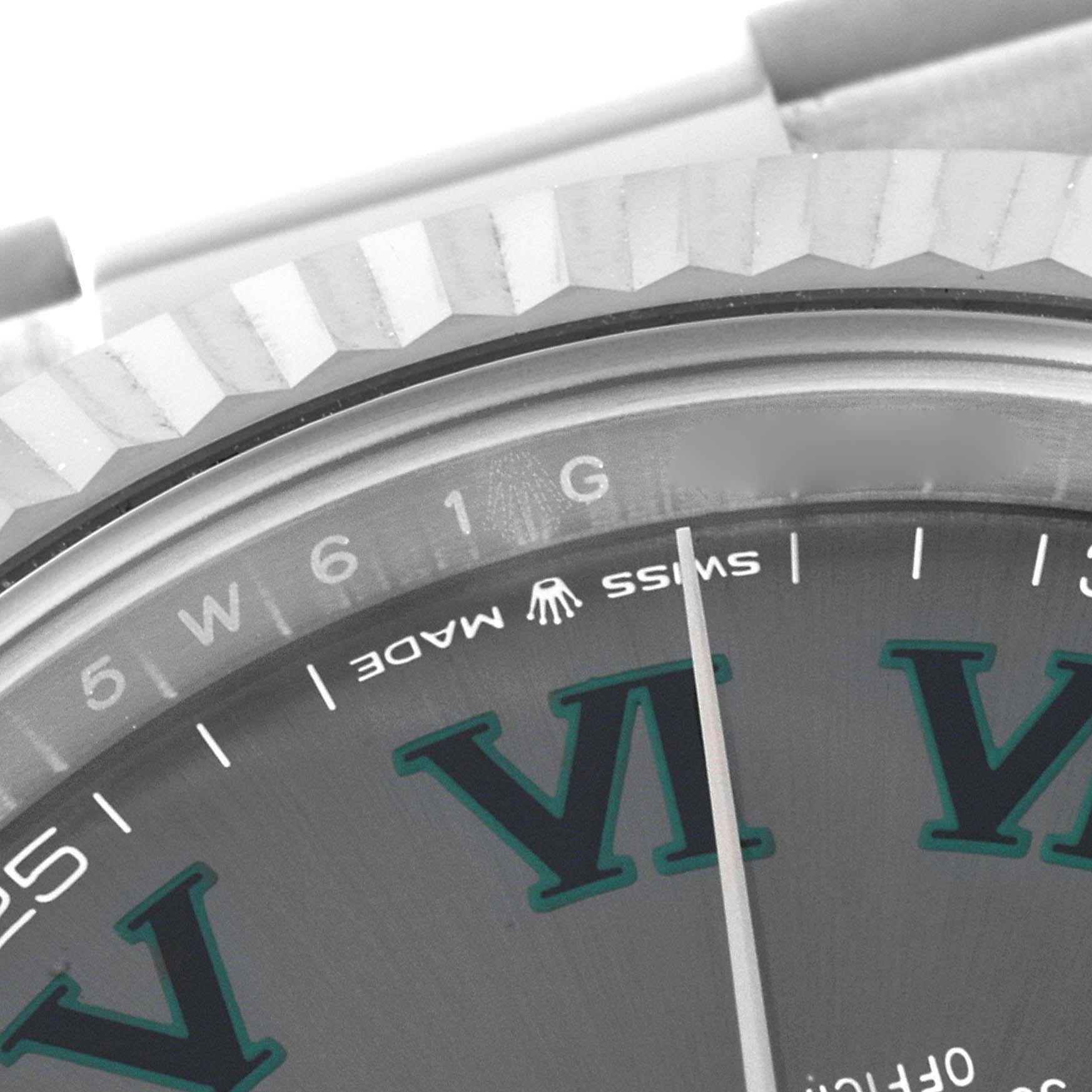 This image shows a close-up of the dial, bezel, and the "Swiss Made" text of a Rolex Datejust 41 126334 Men's Stainless Steel Grey Dial 126334 Men's Stainless Steel Grey Dial model.