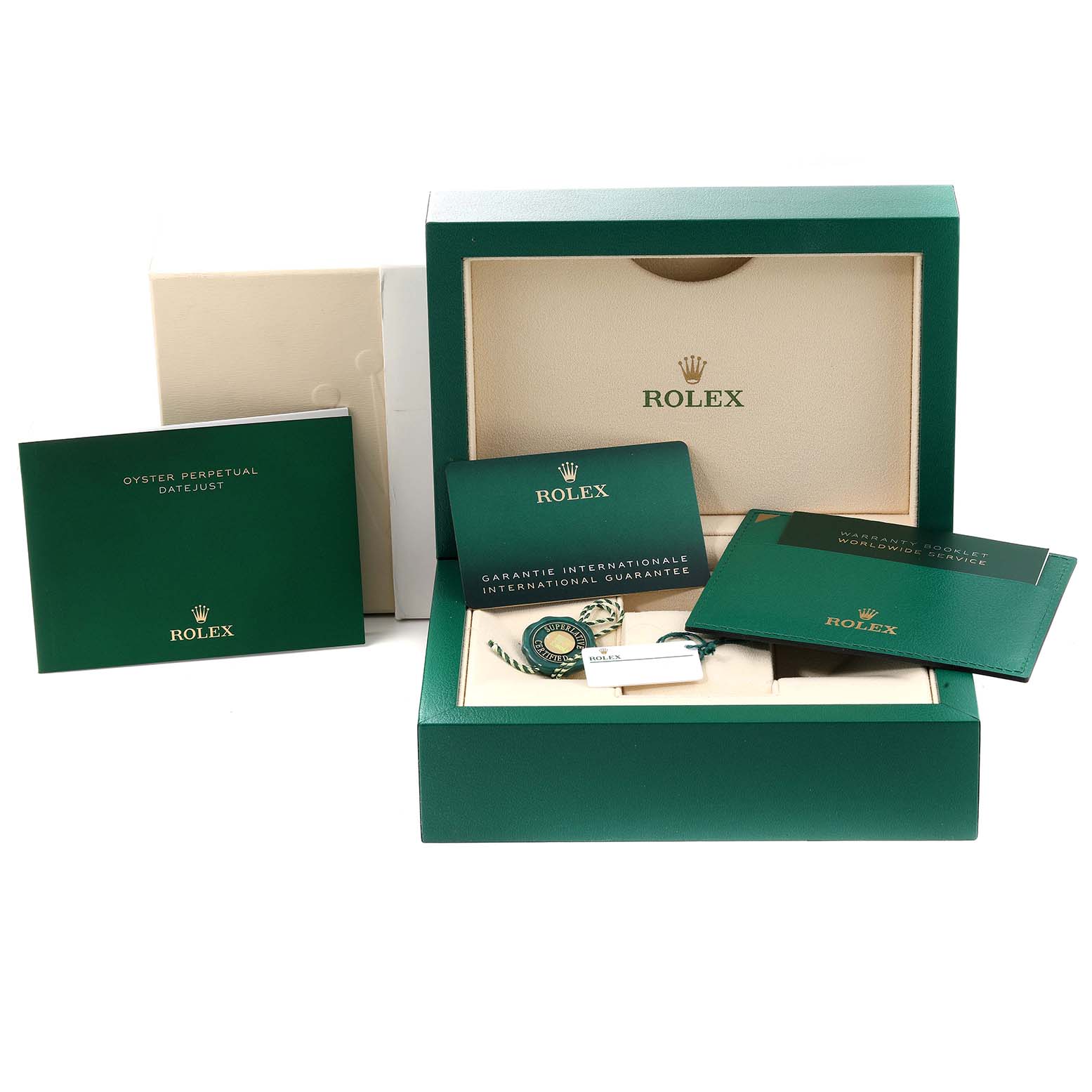 The image shows the Rolex Datejust 41 126333 Men's Steel and Gold (two tone) Black Dial 126333 Men's Steel and Gold (two tone) Black Dial packaging, including the box, guarantee card, manuals, and tags.