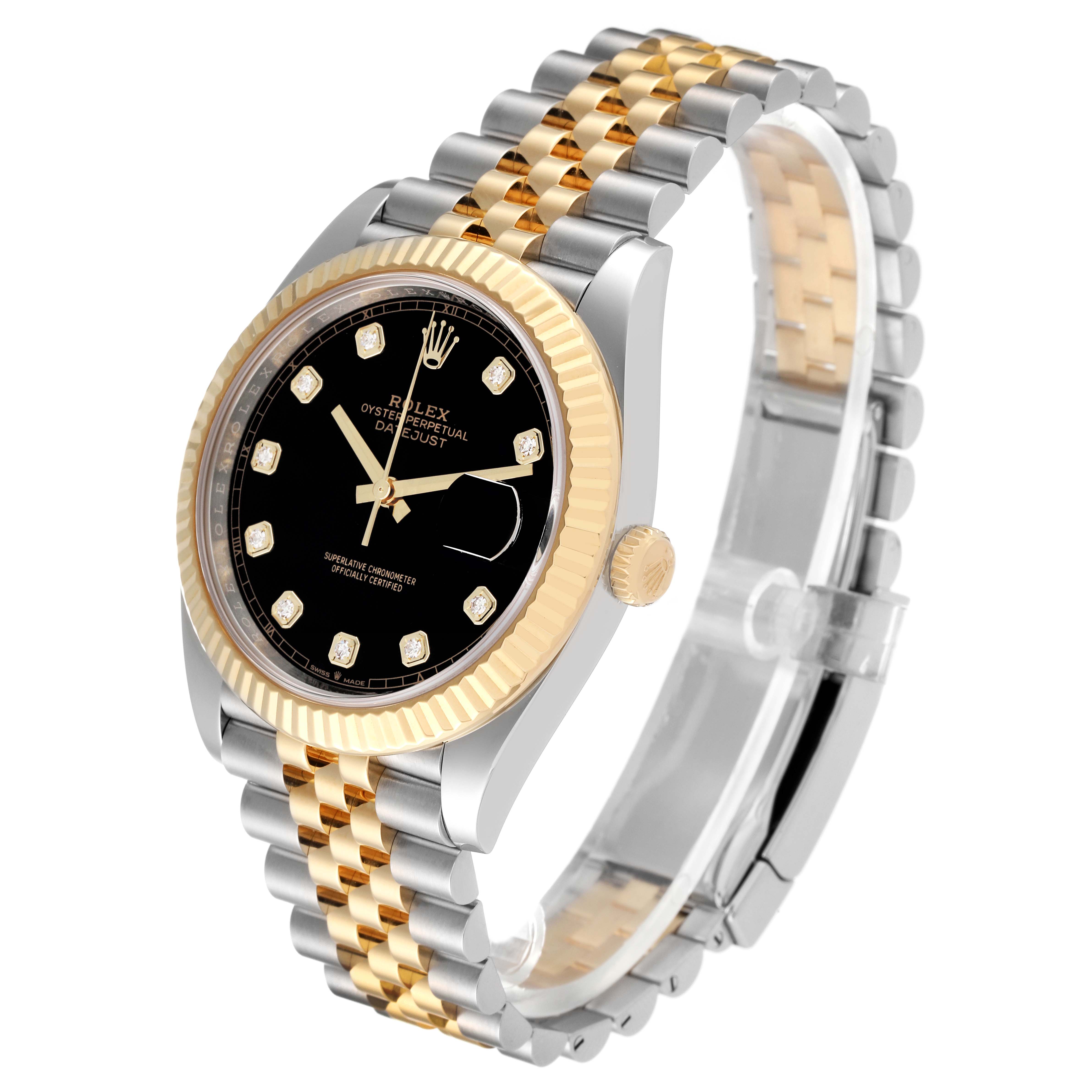 The Rolex Datejust 41 126333 Men's Steel and Gold (two tone) Black Dial 126333 Men's Steel and Gold (two tone) Black Dial watch is shown at an angle highlighting the black dial, gold bezel, and two-tone bracelet.