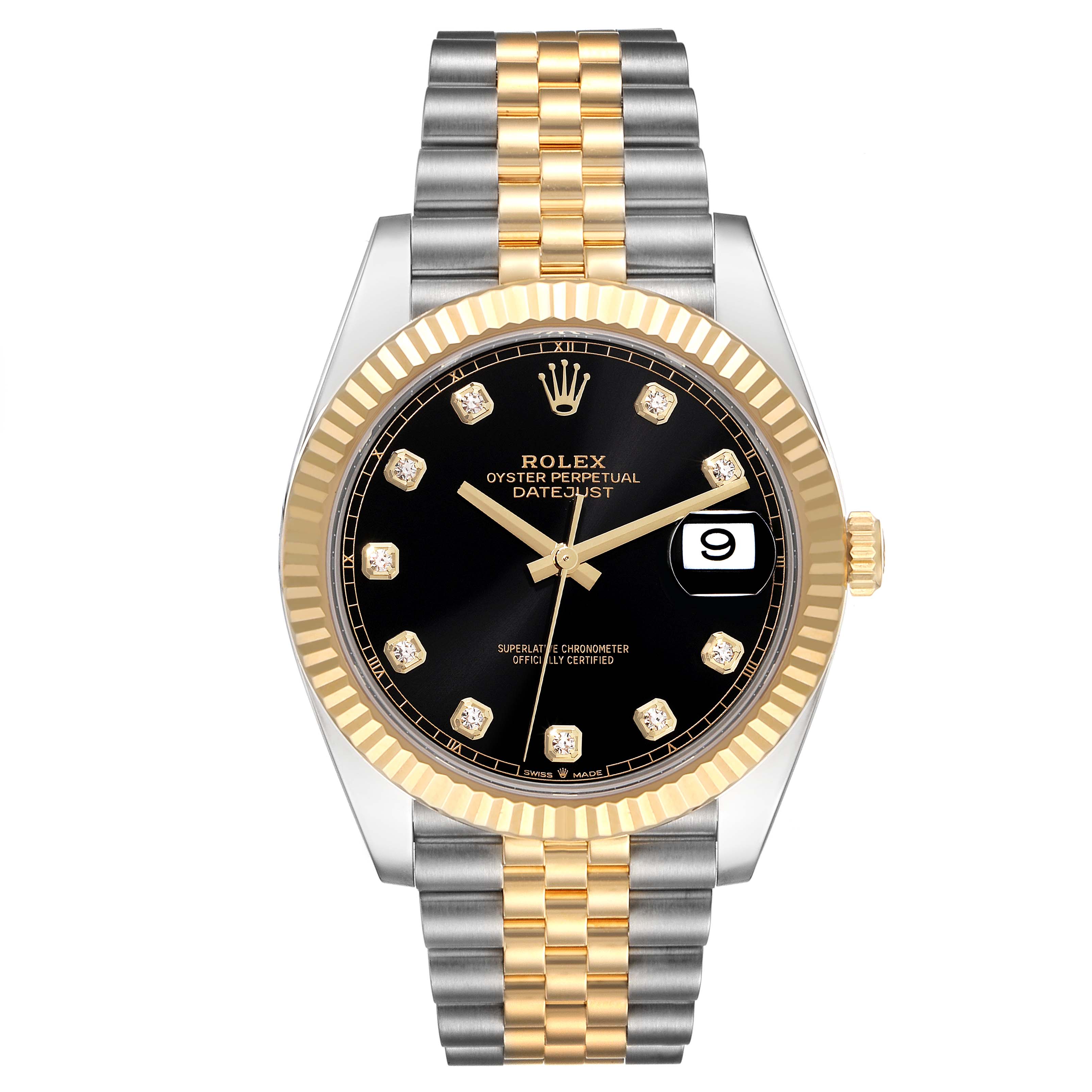 The image shows a Rolex Datejust 41 126333 Men's Steel and Gold (two tone) Black Dial 126333 Men's Steel and Gold (two tone) Black Dial watch from the front, displaying its black dial, date window, and two-tone metal bracelet.