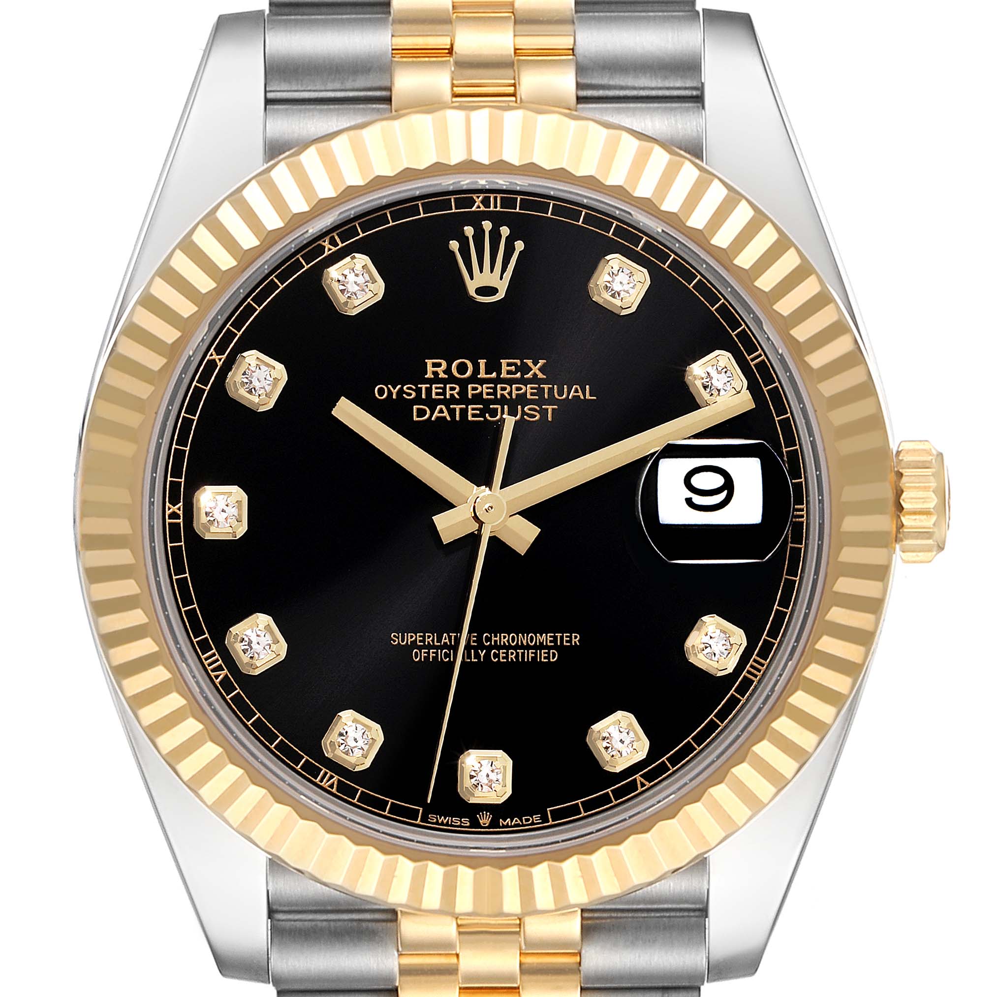 The image shows the front view of a Rolex Datejust 41 126333 Men's Steel and Gold (two tone) Black Dial 126333 Men's Steel and Gold (two tone) Black Dial, highlighting the dial, date window, bezel, and part of the bracelet.